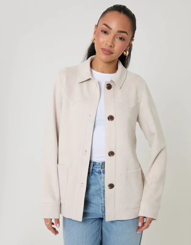 Ecru Yoke Detail Suedette Shacket sold by Threadbare