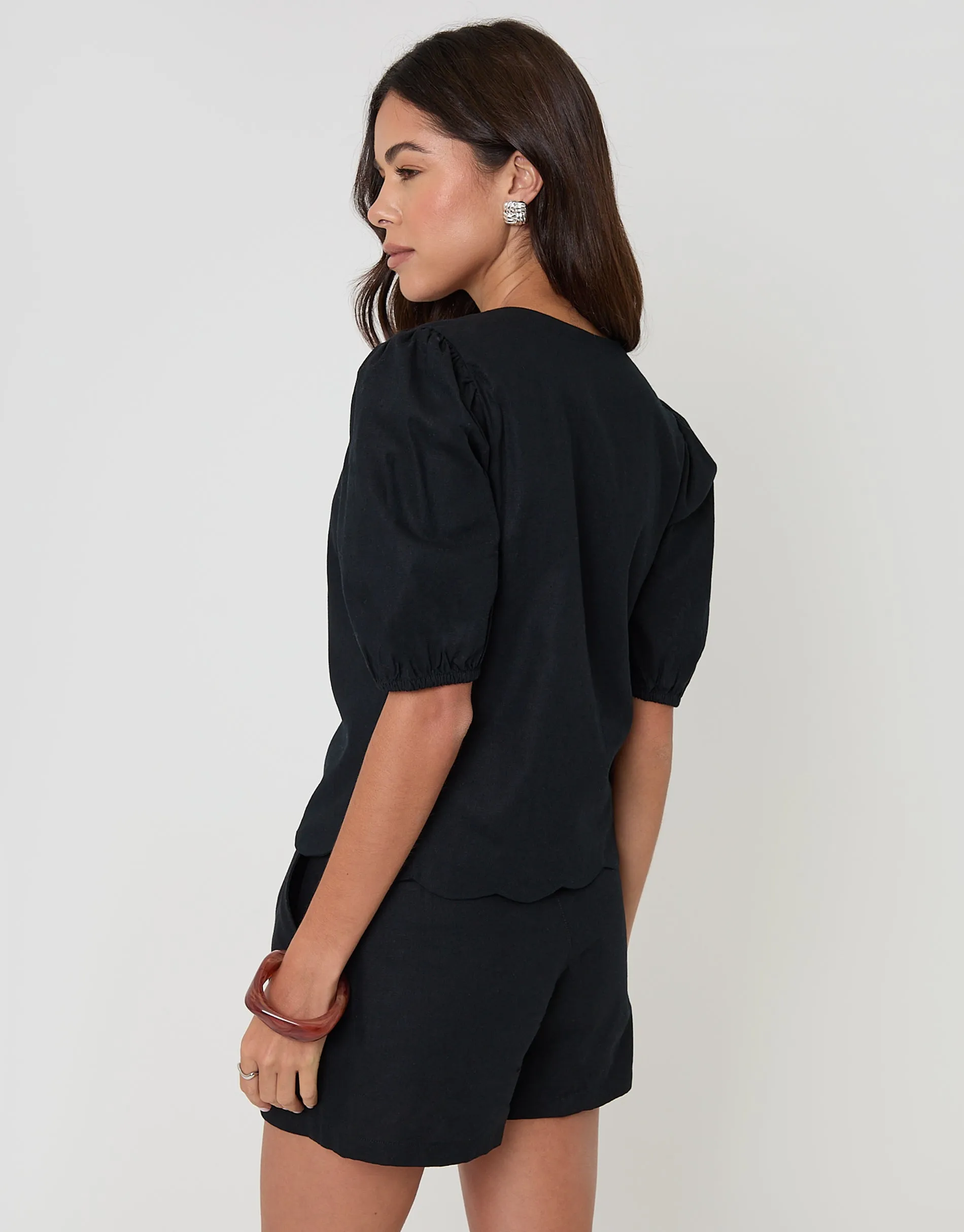 Black Linen Blend Puff Sleeve Top sold by Threadbare product image thumbnail 4
