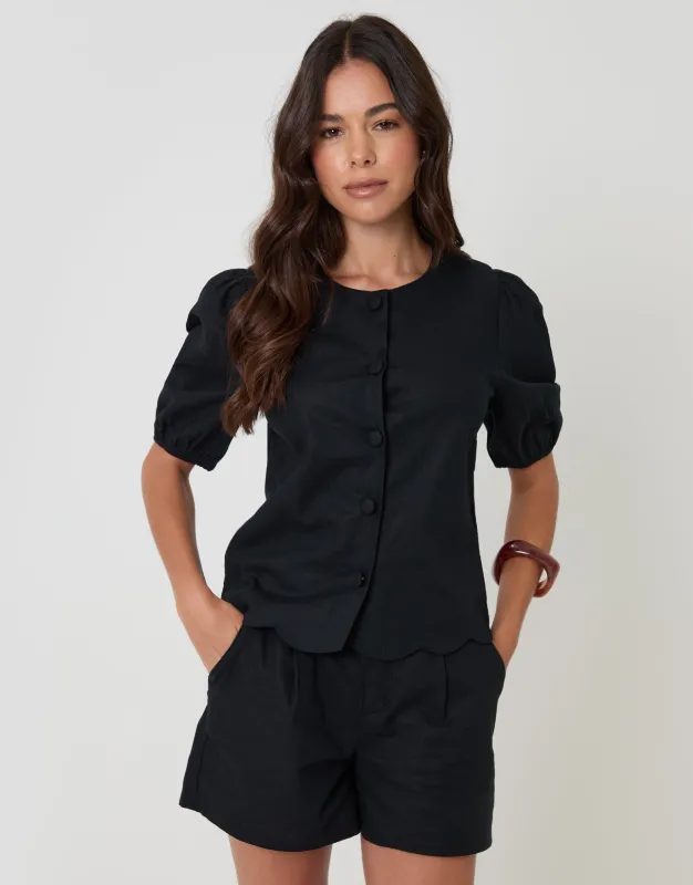 Black Linen Blend Puff Sleeve Top made by Threadbare