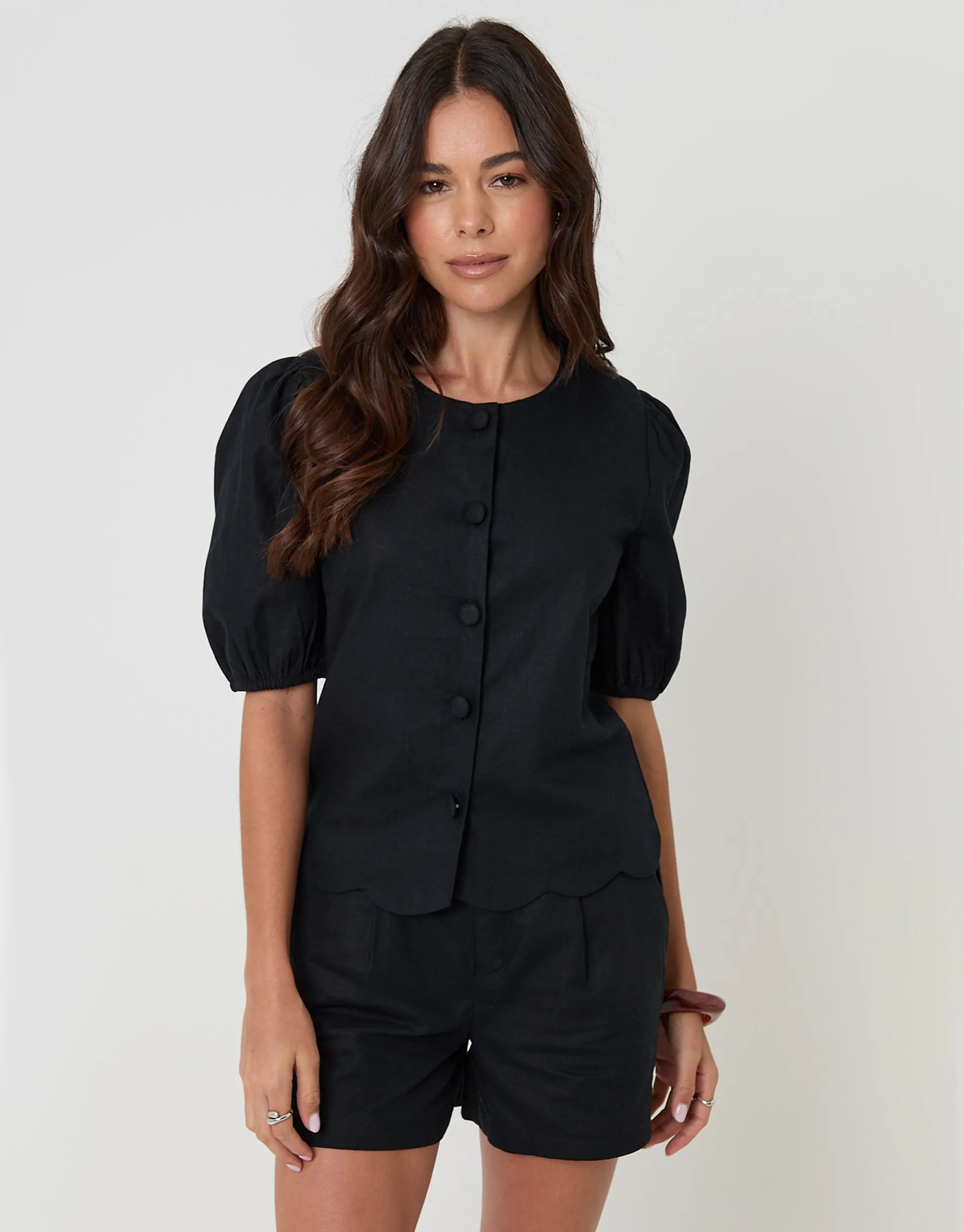 Black Linen Blend Puff Sleeve Top sold by Threadbare product image thumbnail 5