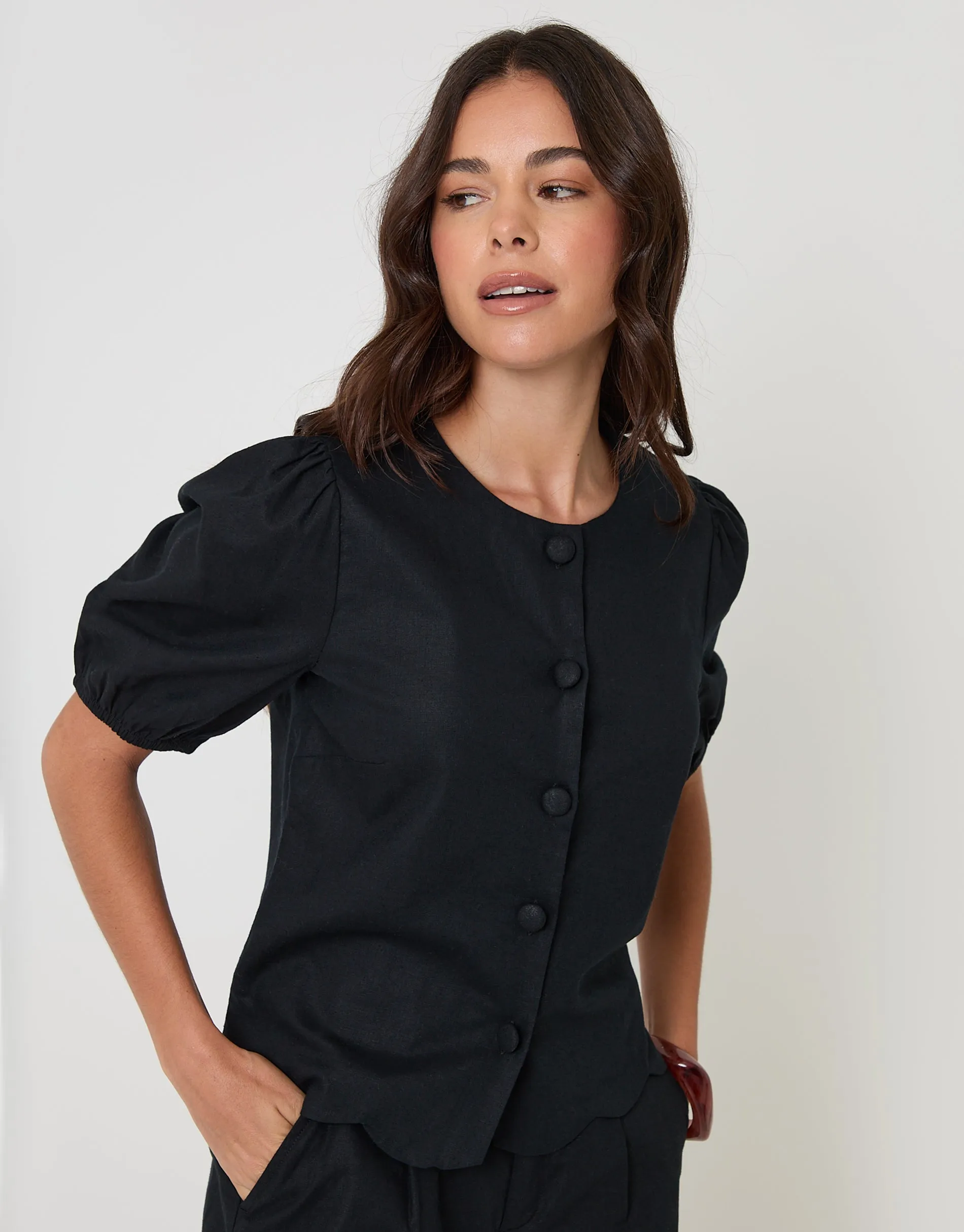 Black Linen Blend Puff Sleeve Top sold by Threadbare product image thumbnail 2