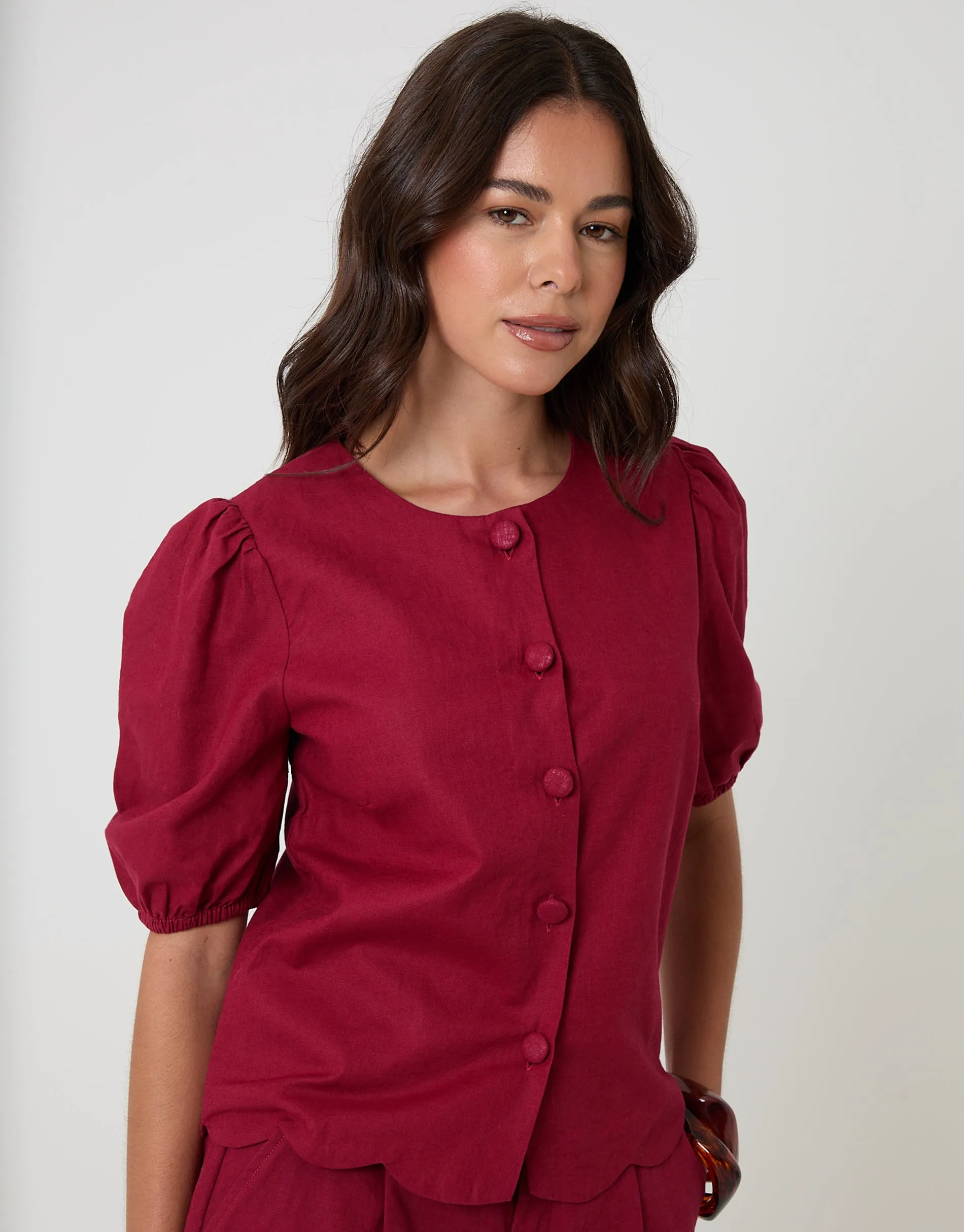 Linen Blend Puff Sleeve Top in Red sold by Threadbare product image thumbnail 4