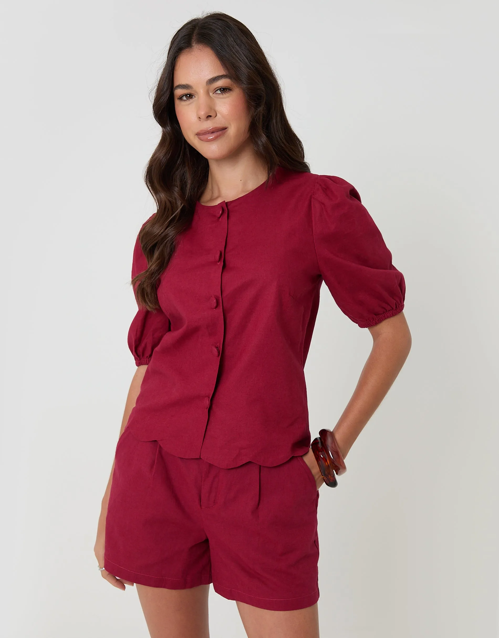 Linen Blend Puff Sleeve Top in Red sold by Threadbare product image thumbnail 5