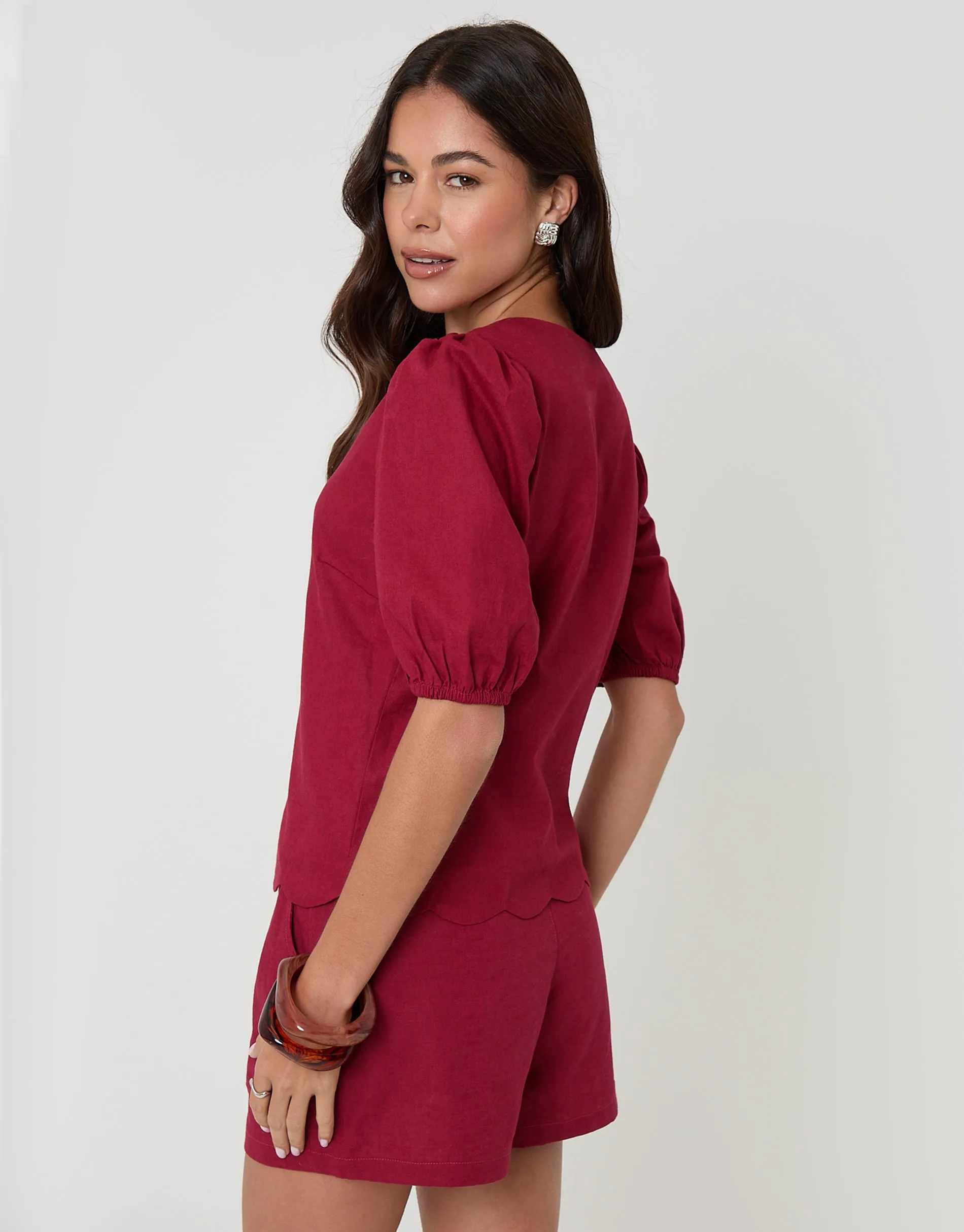 Linen Blend Puff Sleeve Top in Red sold by Threadbare product image thumbnail 2