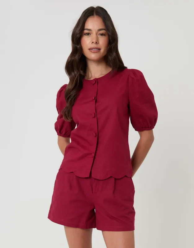 Red Linen Blend Puff Sleeve Top made by Threadbare