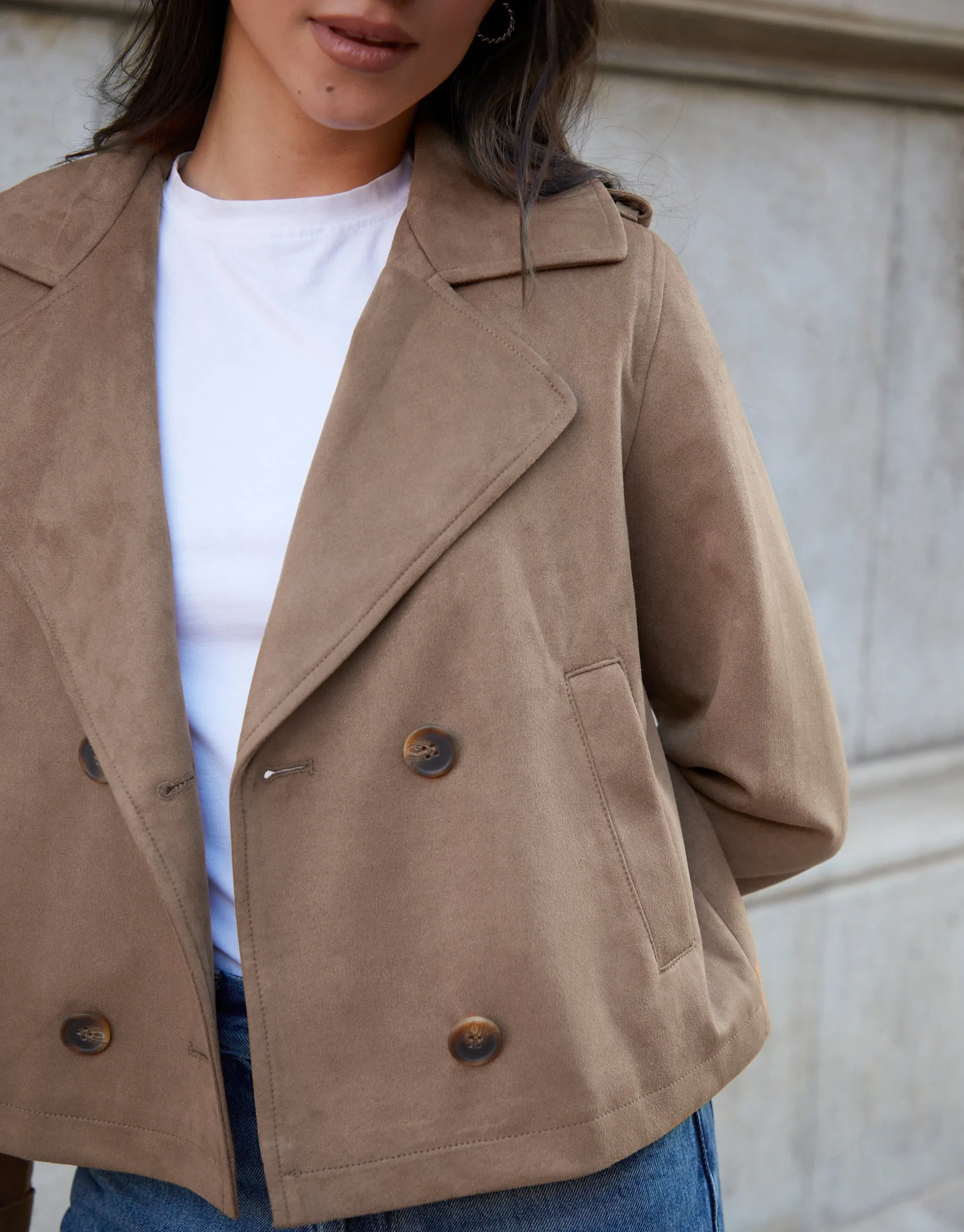 Taupe Suedette Cropped Trench Coat sold by Threadbare product image thumbnail 3