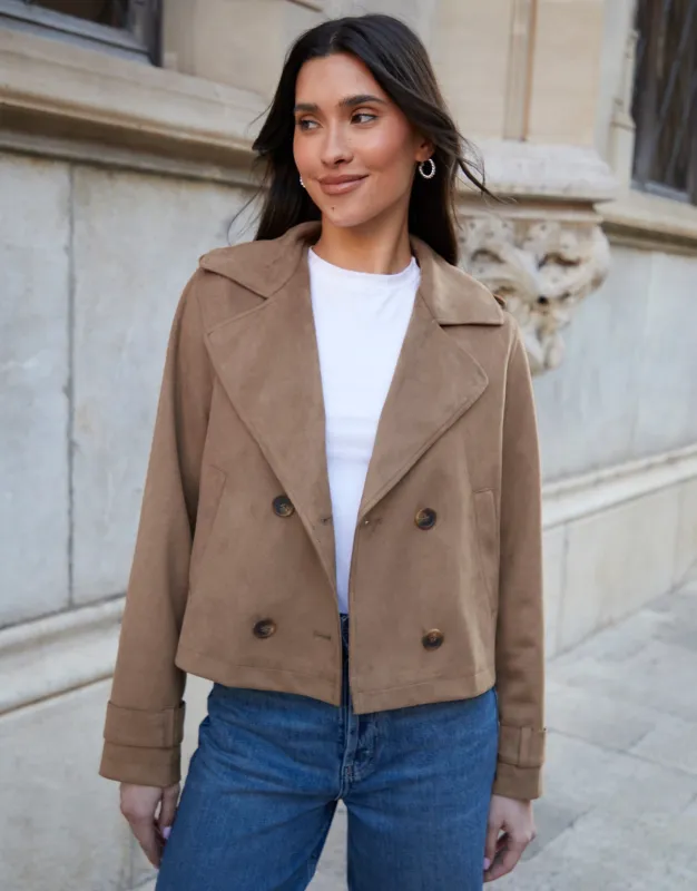 Taupe Suedette Cropped Trench Coat sold by Threadbare