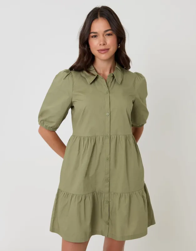 Tiered Cotton Poplin Button Up Mini Dress in Olive Green made by Threadbare