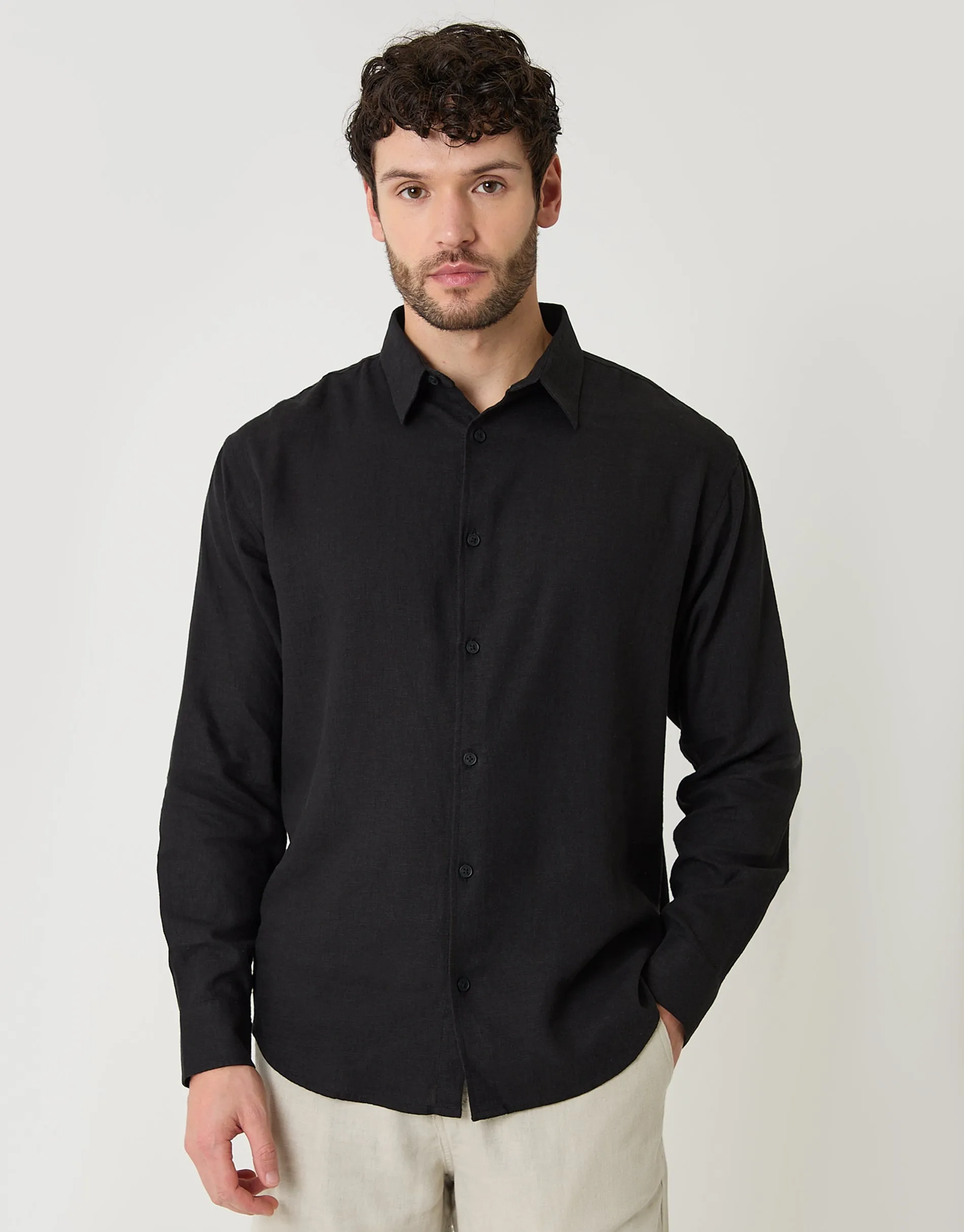 Black Relaxed Fit Linen Blend Shirt sold by Threadbare product image thumbnail 5