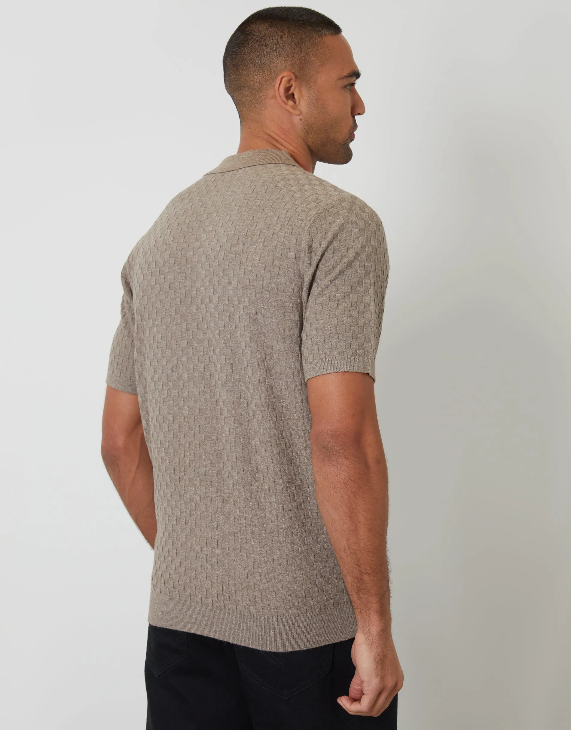 Taupe Basket Stitch Knitted Polo sold by Threadbare product image thumbnail 2