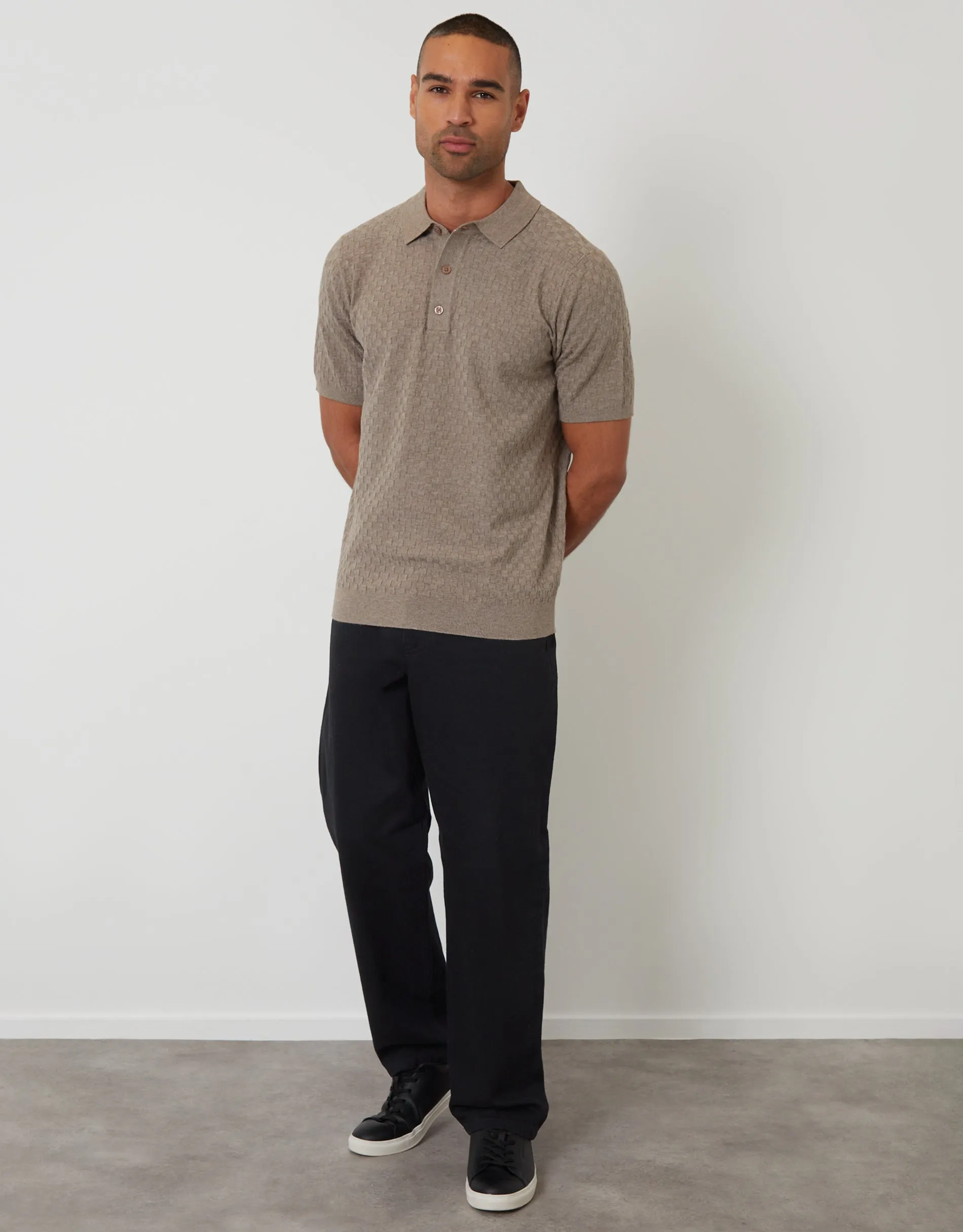 Taupe Basket Stitch Knitted Polo sold by Threadbare product image thumbnail 3