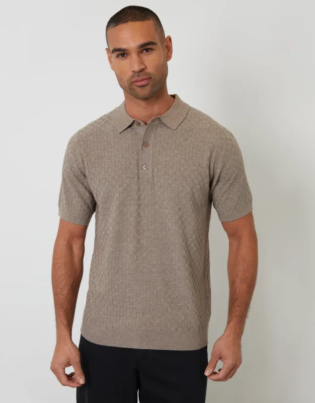 Taupe Basket Stitch Knitted Polo made by Threadbare