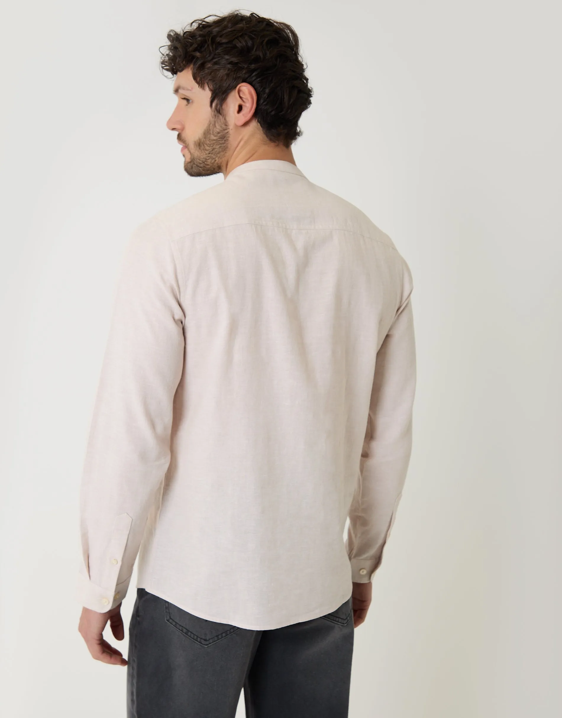 Grandad Collar Linen Blend Long Sleeve Shirt in Light Stone sold by Threadbare product image thumbnail 2