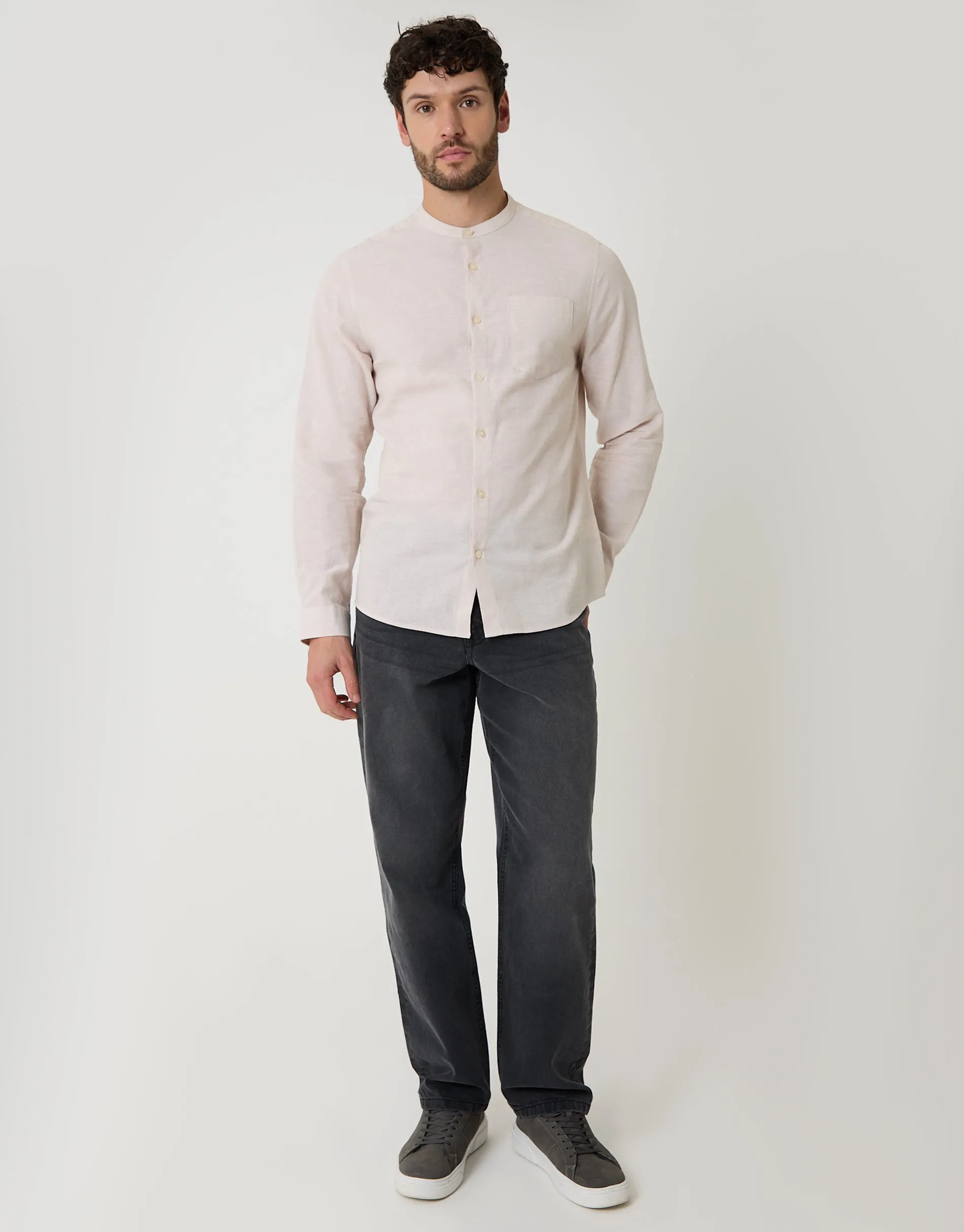 Grandad Collar Linen Blend Long Sleeve Shirt in Light Stone sold by Threadbare product image thumbnail 3