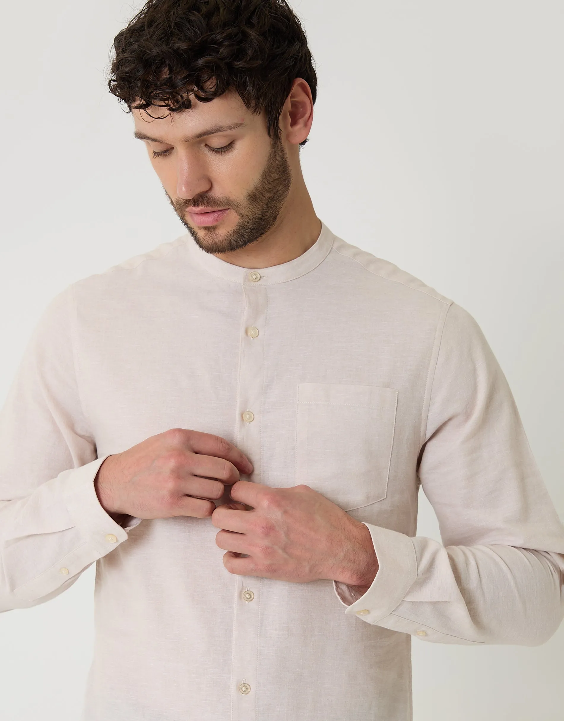 Grandad Collar Linen Blend Long Sleeve Shirt in Light Stone sold by Threadbare product image thumbnail 4