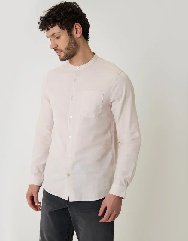 Grandad Collar Linen Blend Long Sleeve Shirt in Light Stone made by Threadbare