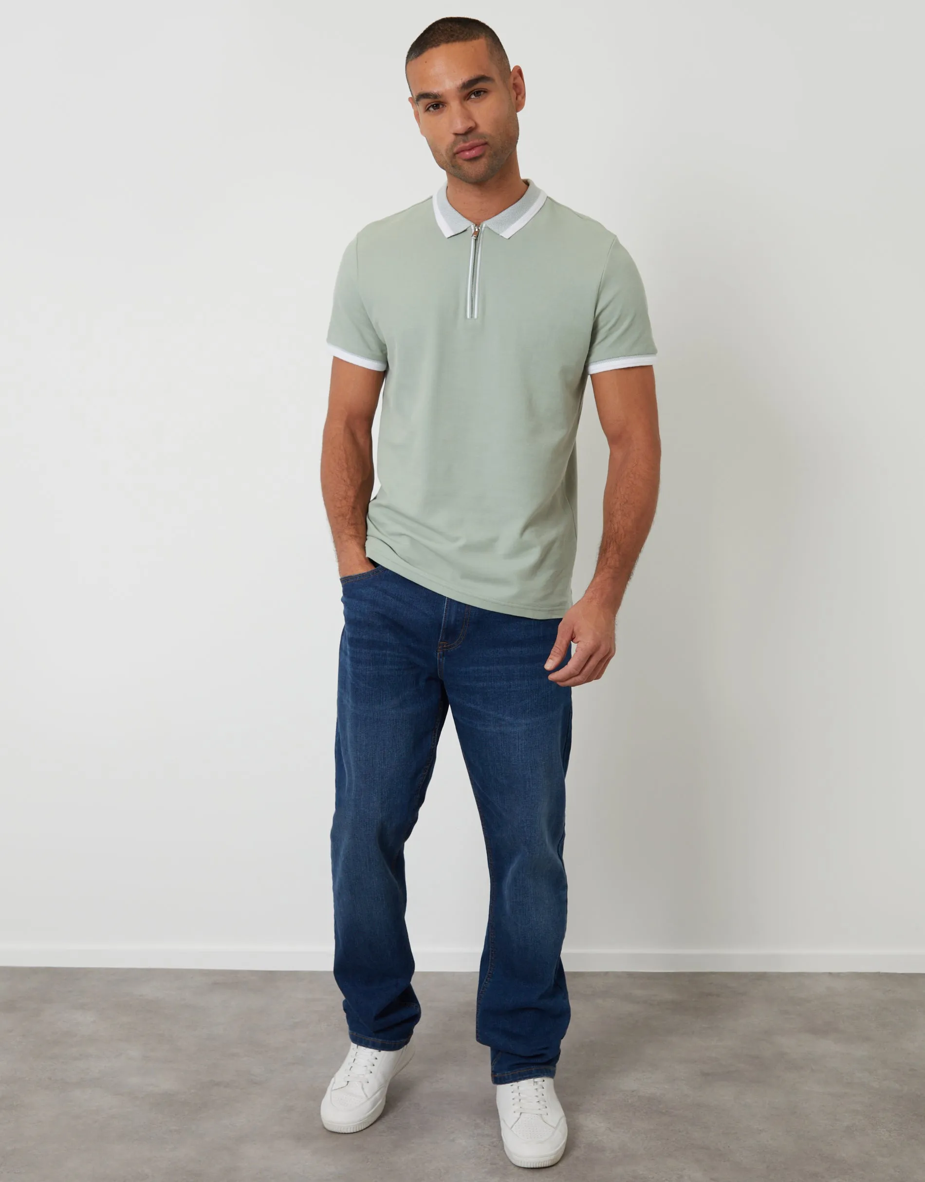 Sage Green Pique Tipping Collar Quarter Zip Polo Shirt sold by Threadbare product image thumbnail 3