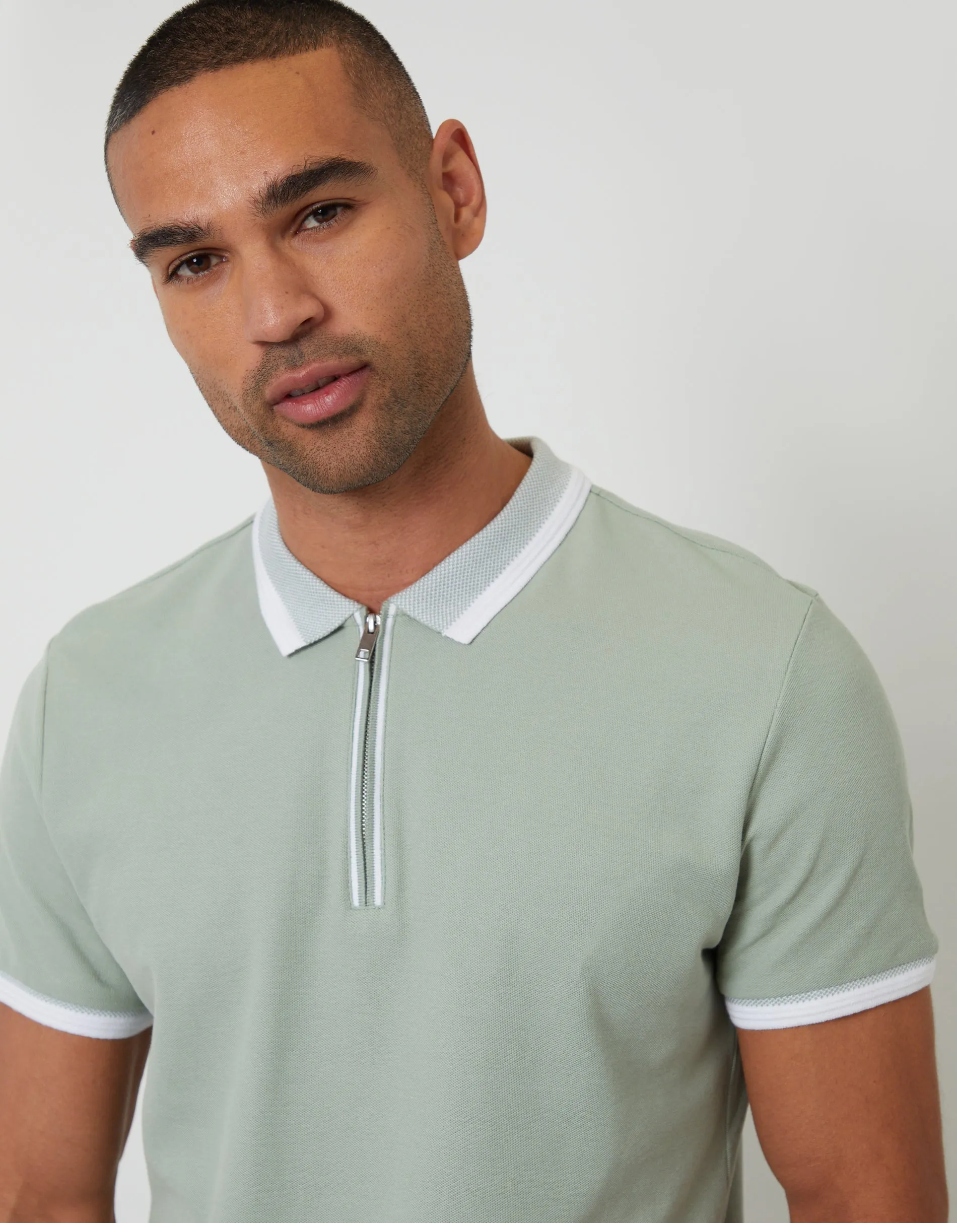 Sage Green Pique Tipping Collar Quarter Zip Polo Shirt sold by Threadbare product image thumbnail 4