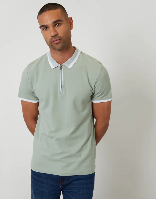 Sage Green Pique Tipping Collar Quarter Zip Polo Shirt made by Threadbare