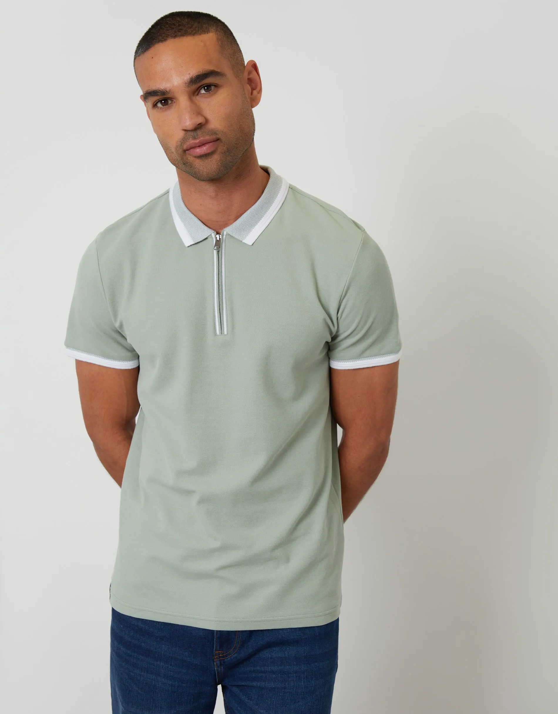 Sage Green Pique Tipping Collar Quarter Zip Polo Shirt sold by Threadbare