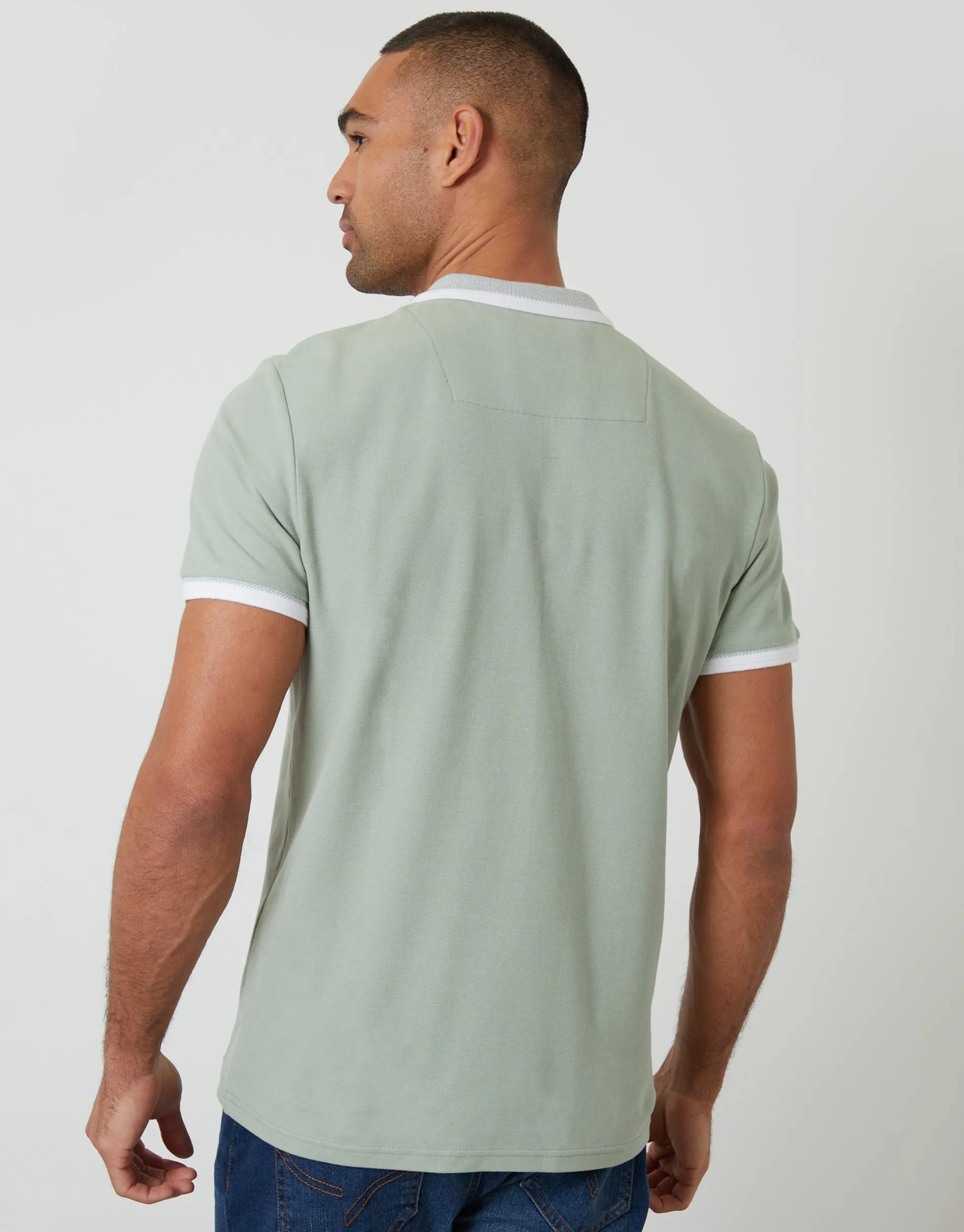 Sage Green Pique Tipping Collar Quarter Zip Polo Shirt sold by Threadbare product image thumbnail 2