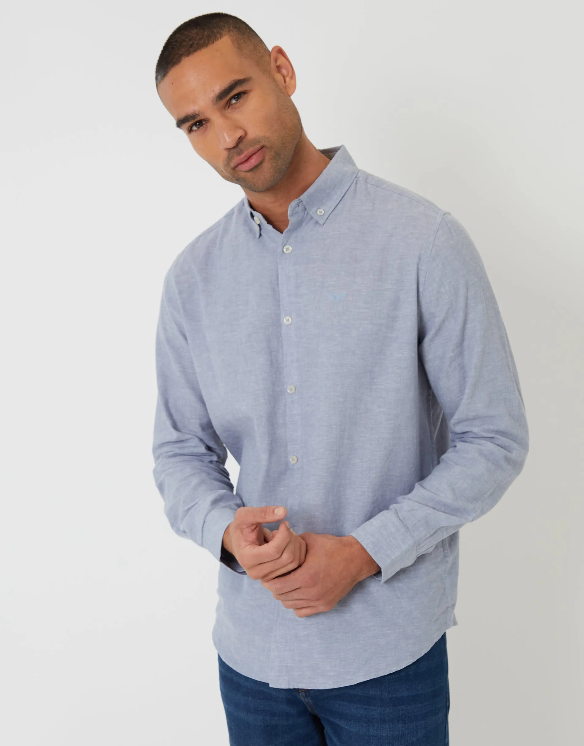 Denim Blue Long Sleeve Linen Blend Shirt sold by Threadbare