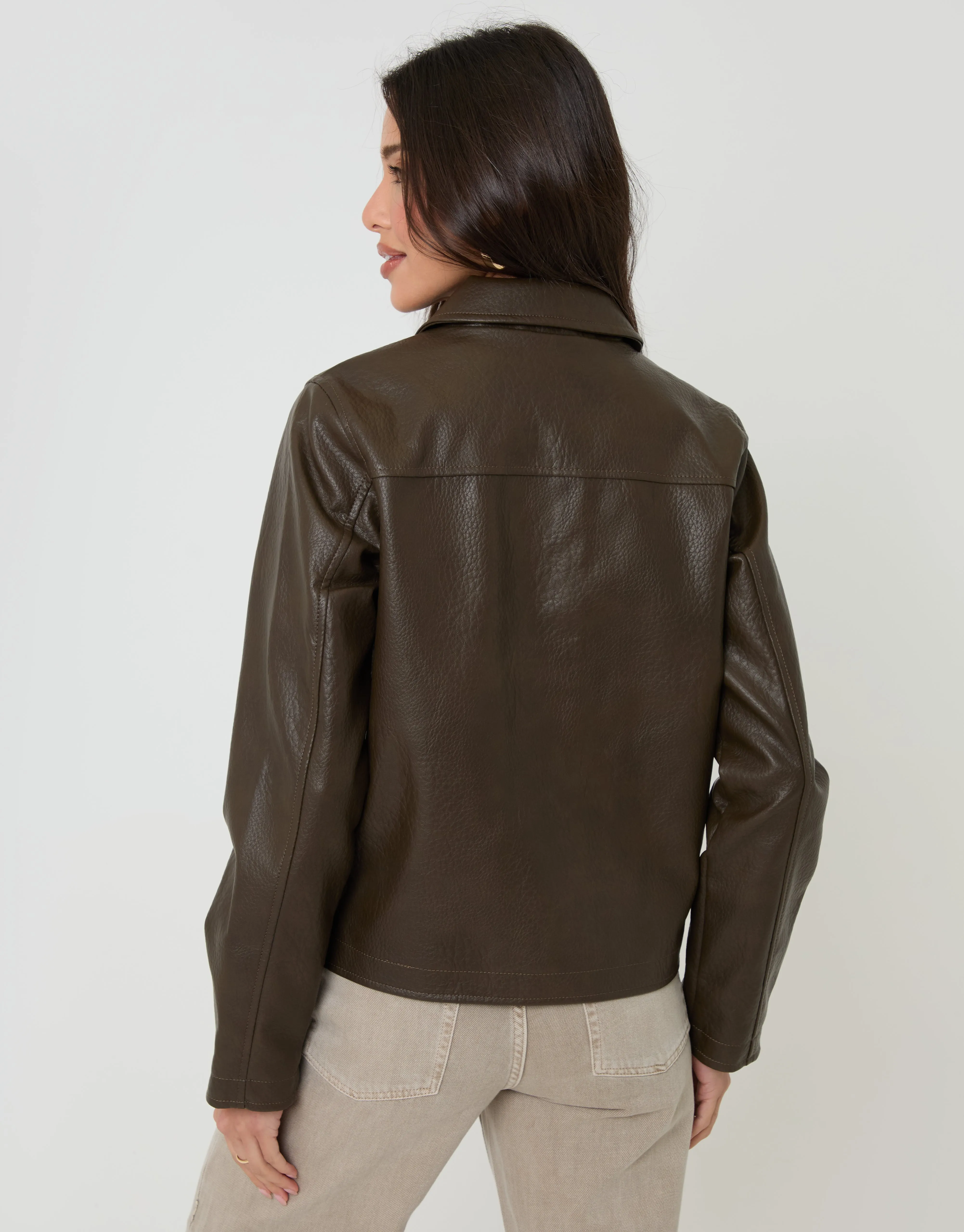 Chocolate Brown Faux Leather Cropped Button Up Jacket sold by Threadbare product image thumbnail 2