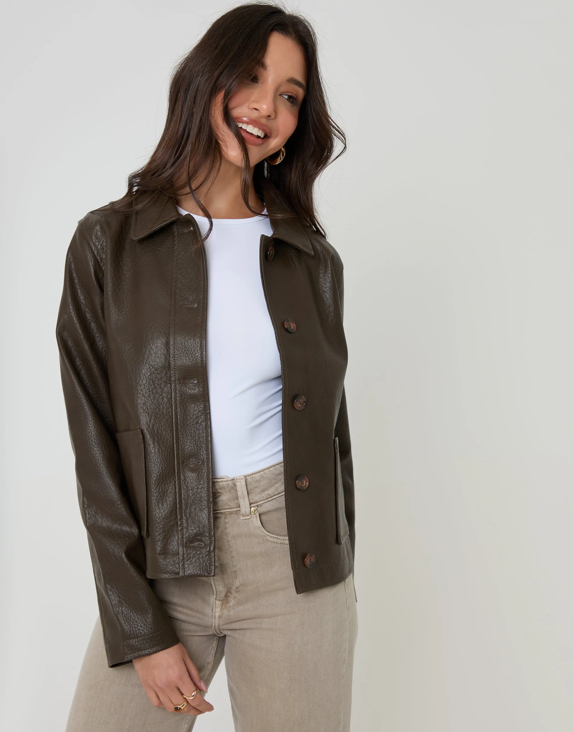 Chocolate Brown Faux Leather Cropped Button Up Jacket sold by Threadbare