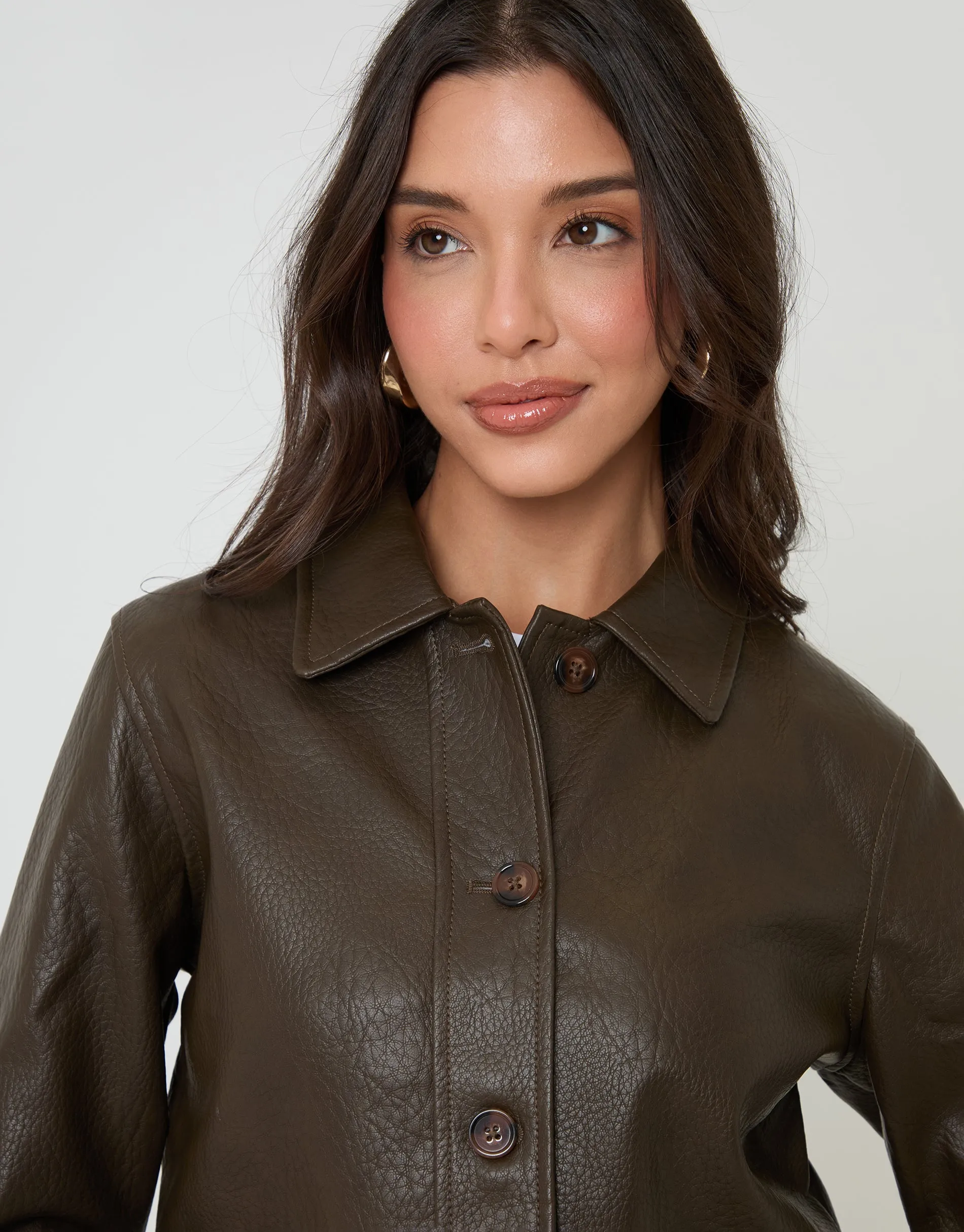 Chocolate Brown Faux Leather Cropped Button Up Jacket sold by Threadbare product image thumbnail 4
