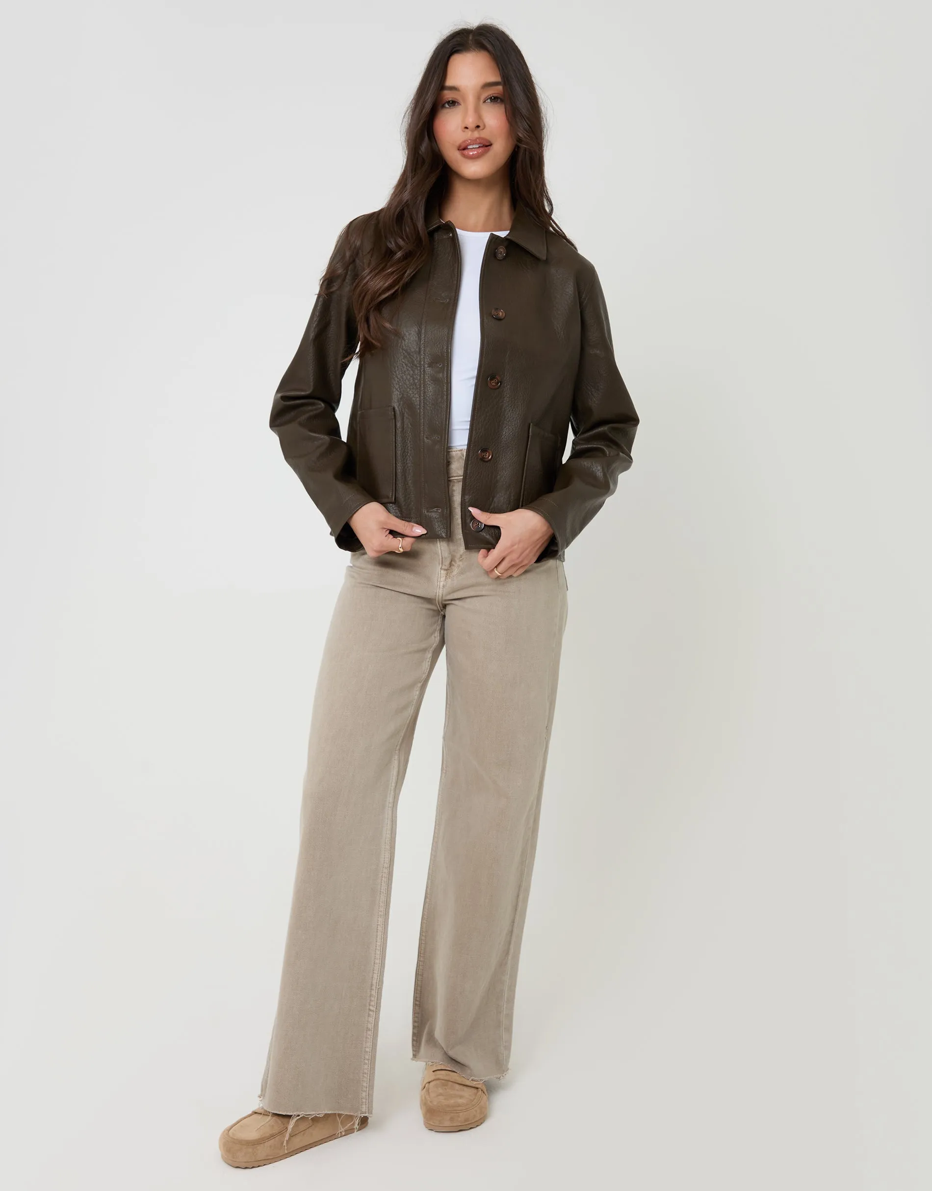 Chocolate Brown Faux Leather Cropped Button Up Jacket sold by Threadbare product image thumbnail 3