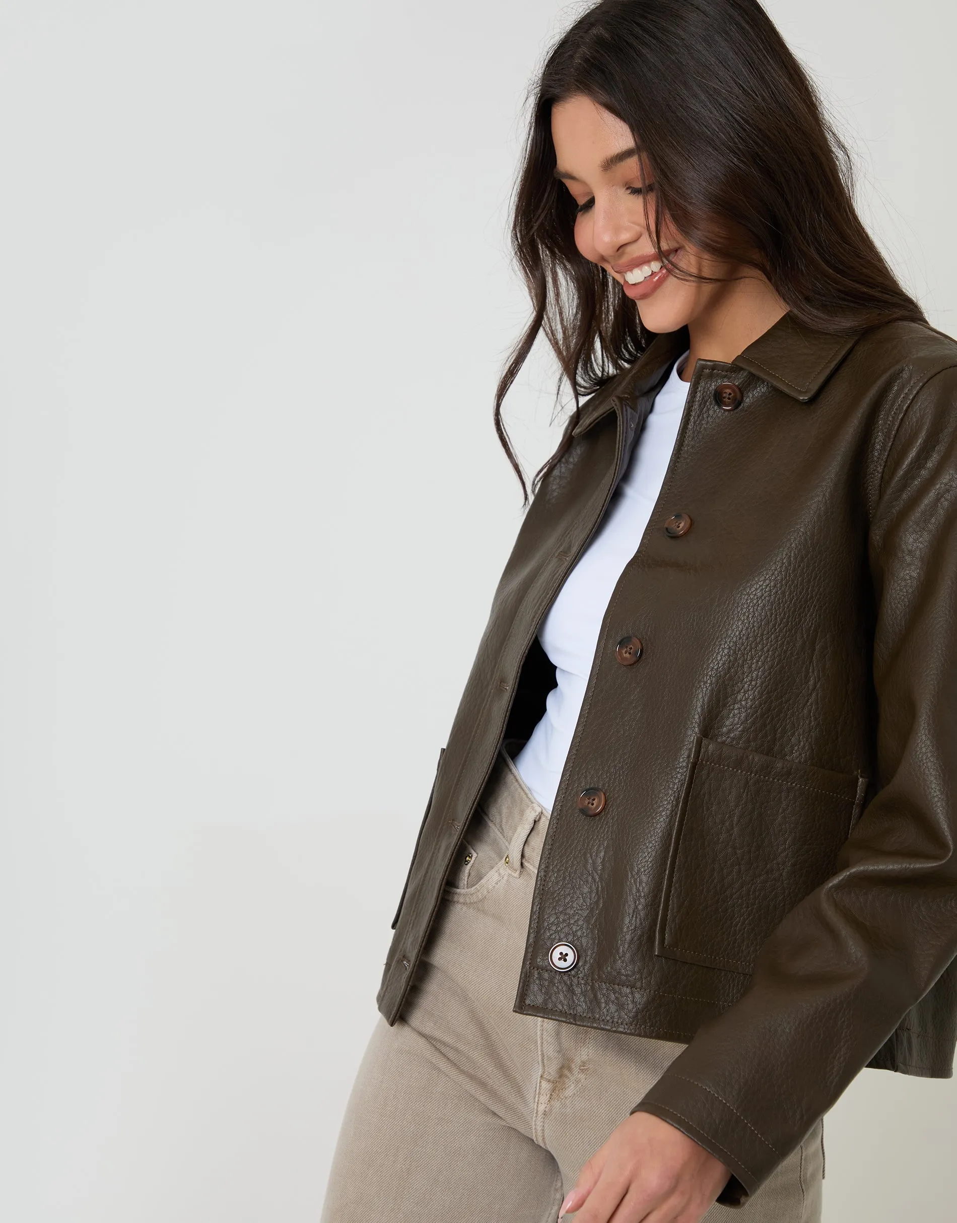 Chocolate Brown Faux Leather Cropped Button Up Jacket sold by Threadbare product image thumbnail 5