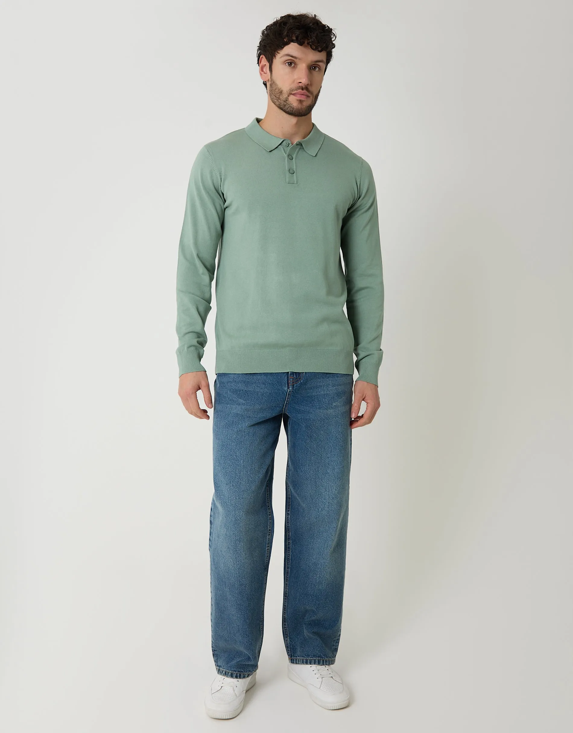 Sage Green Knitted Long Sleeve Polo Jumper sold by Threadbare product image thumbnail 3