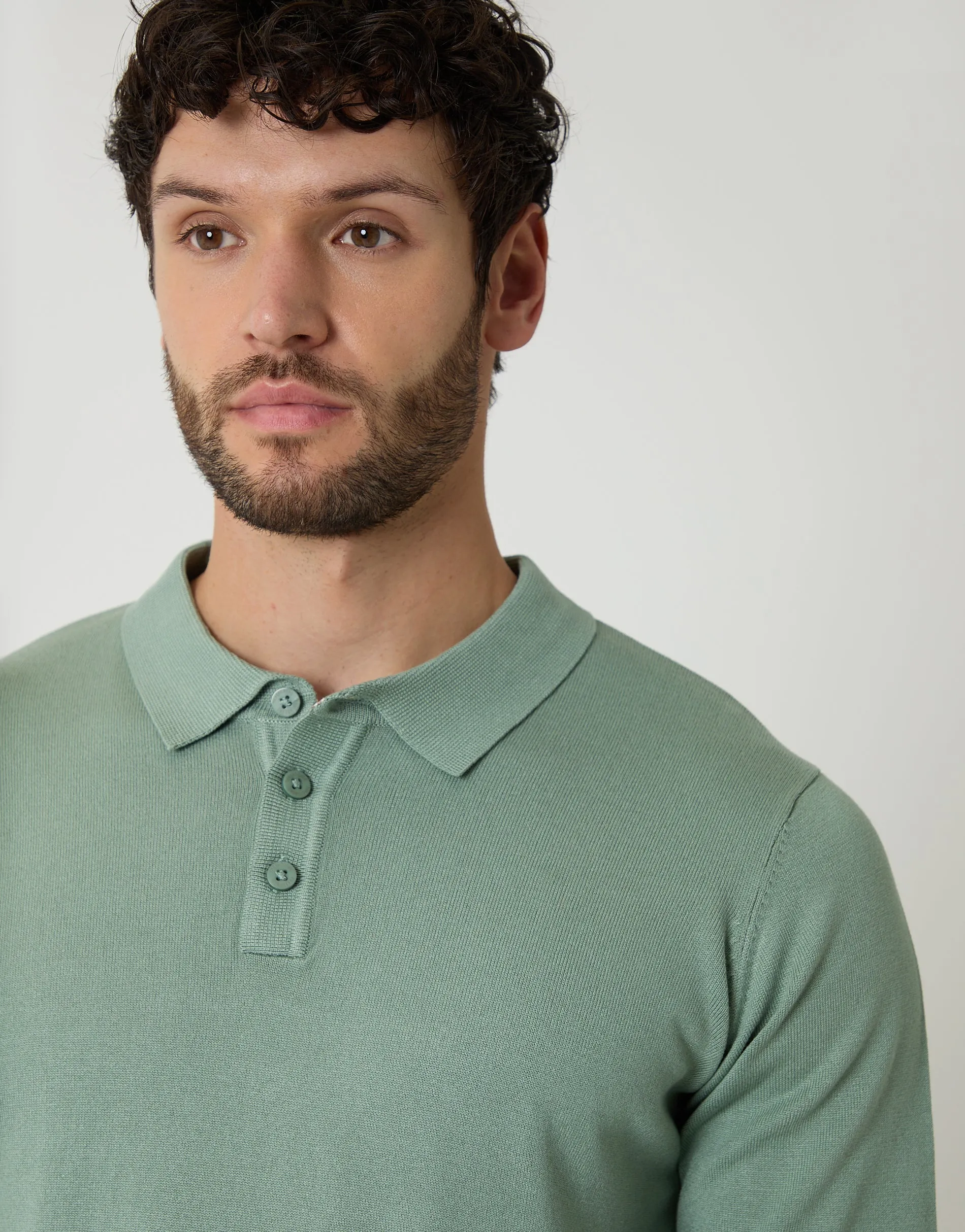 Sage Green Knitted Long Sleeve Polo Jumper sold by Threadbare product image thumbnail 4