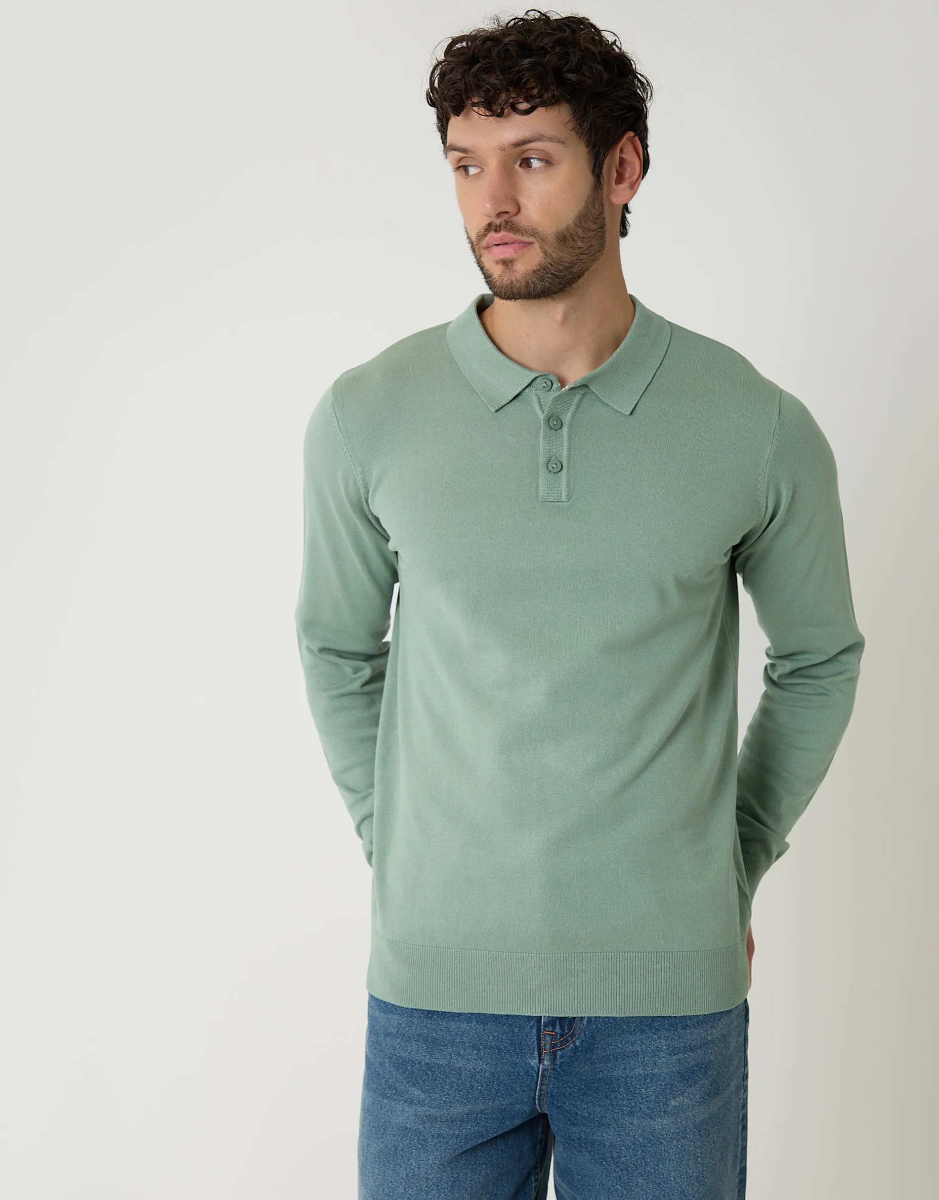 Sage Green Knitted Long Sleeve Polo Jumper sold by Threadbare