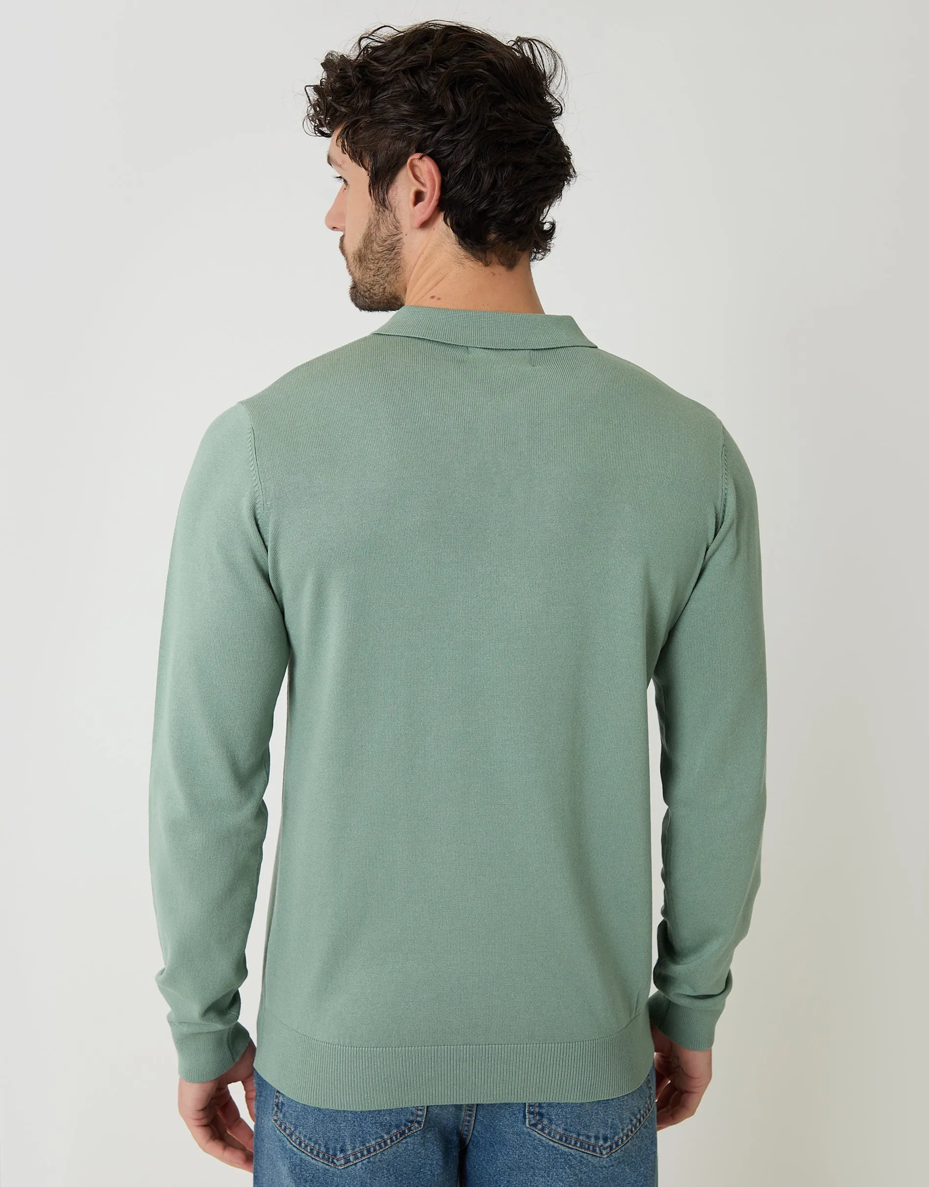 Sage Green Knitted Long Sleeve Polo Jumper sold by Threadbare product image thumbnail 2