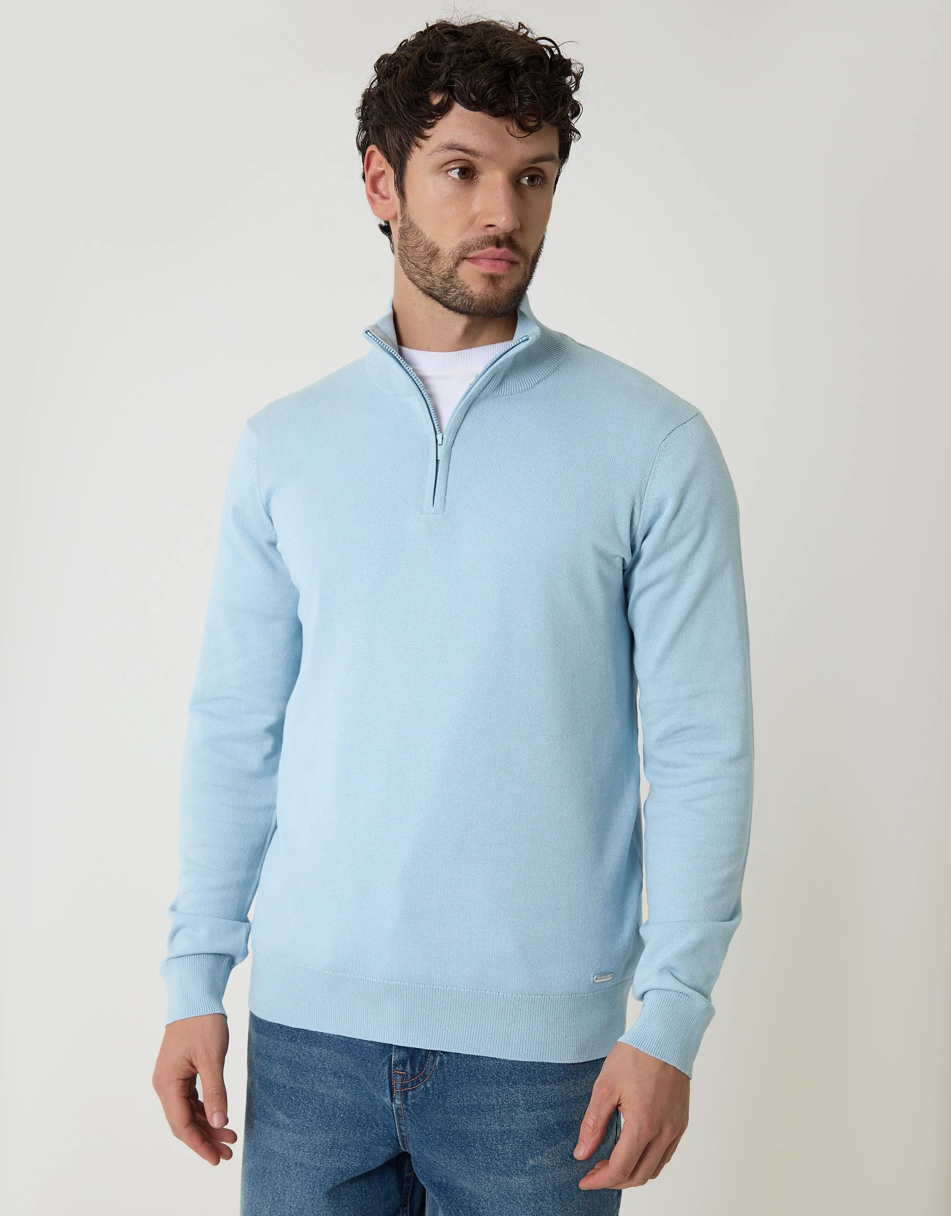 Light Blue Funnel Neck Quarter Zip Knitted Jumper sold by Threadbare