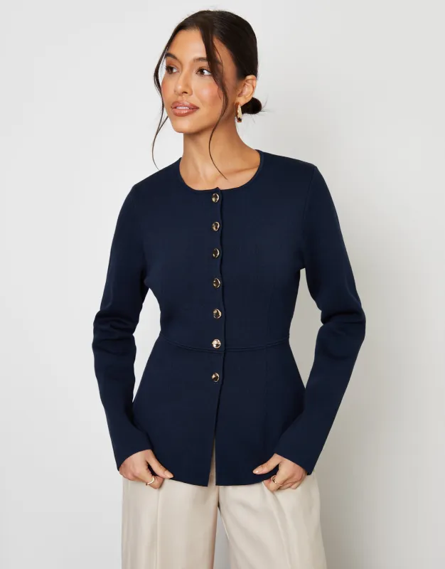 Navy Cinched Knitted Button Up Cardigan sold by Threadbare