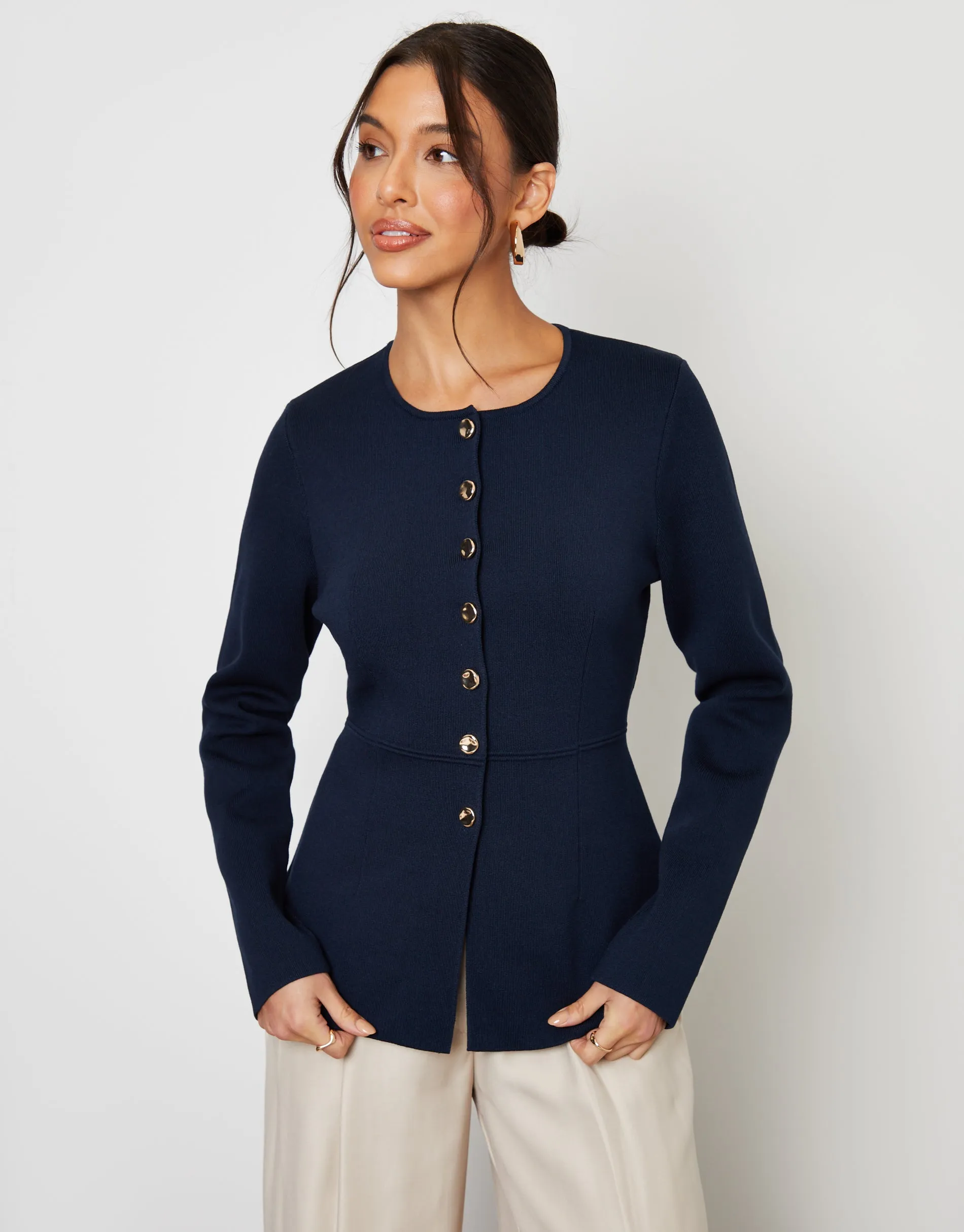 Navy Cinched Knitted Button Up Cardigan sold by Threadbare