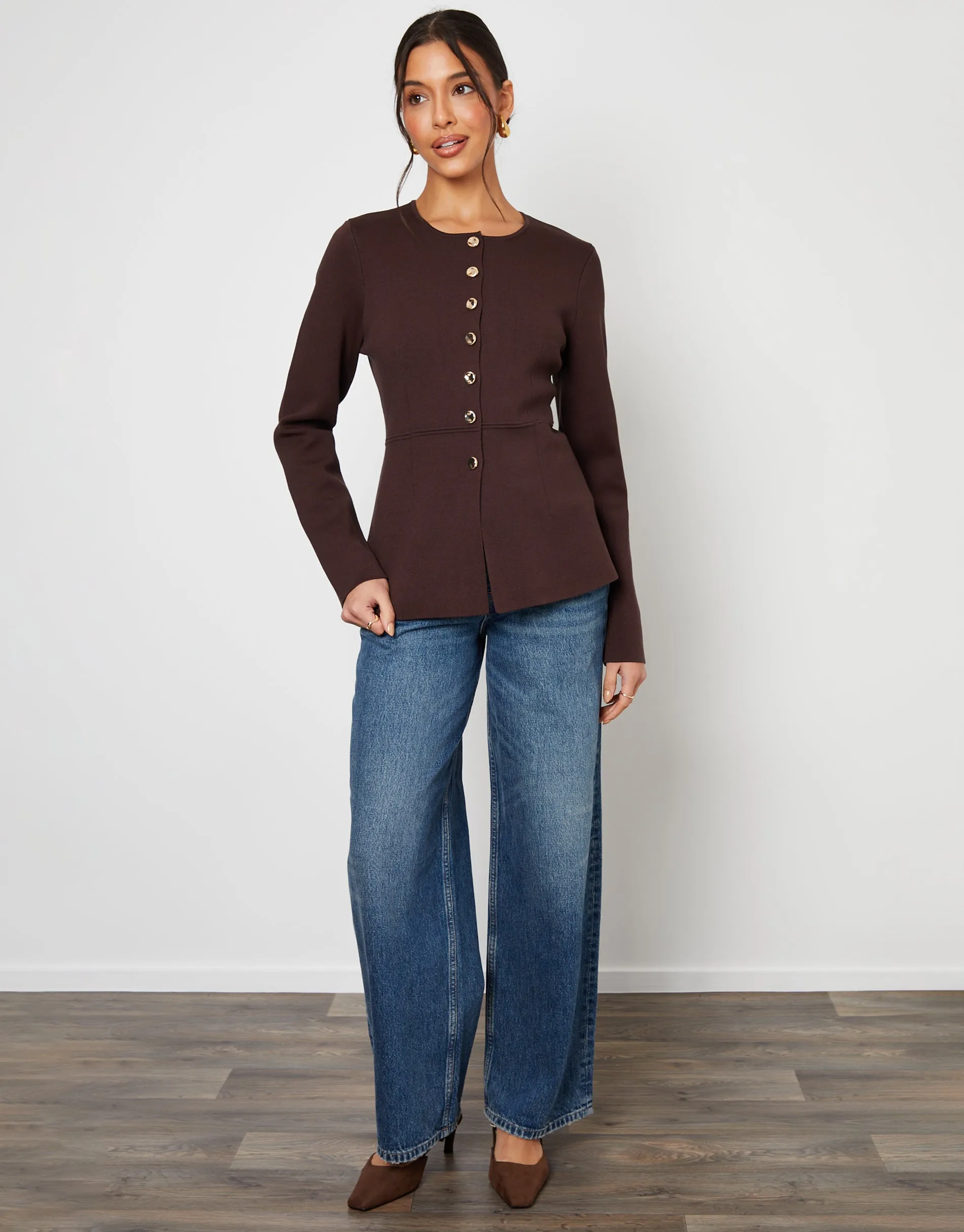 Chocolate Brown Cinched Knitted Button Up Cardigan sold by Threadbare product image thumbnail 3
