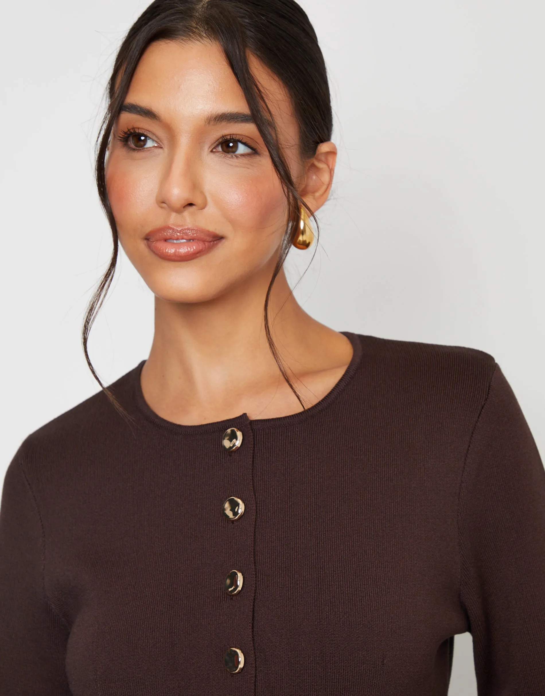 Chocolate Brown Cinched Knitted Button Up Cardigan sold by Threadbare product image thumbnail 2