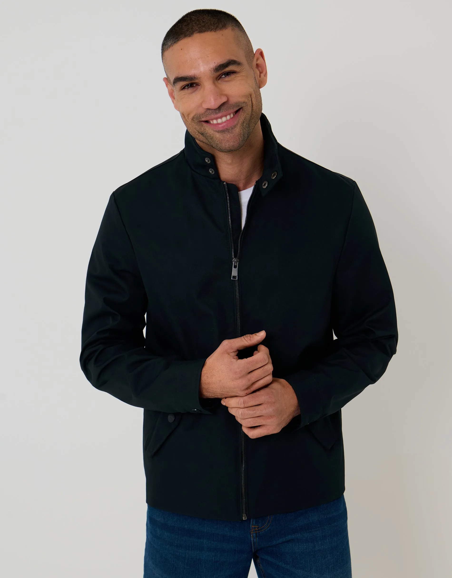 Navy Showerproof Zip Up Harrington Jacket sold by Threadbare