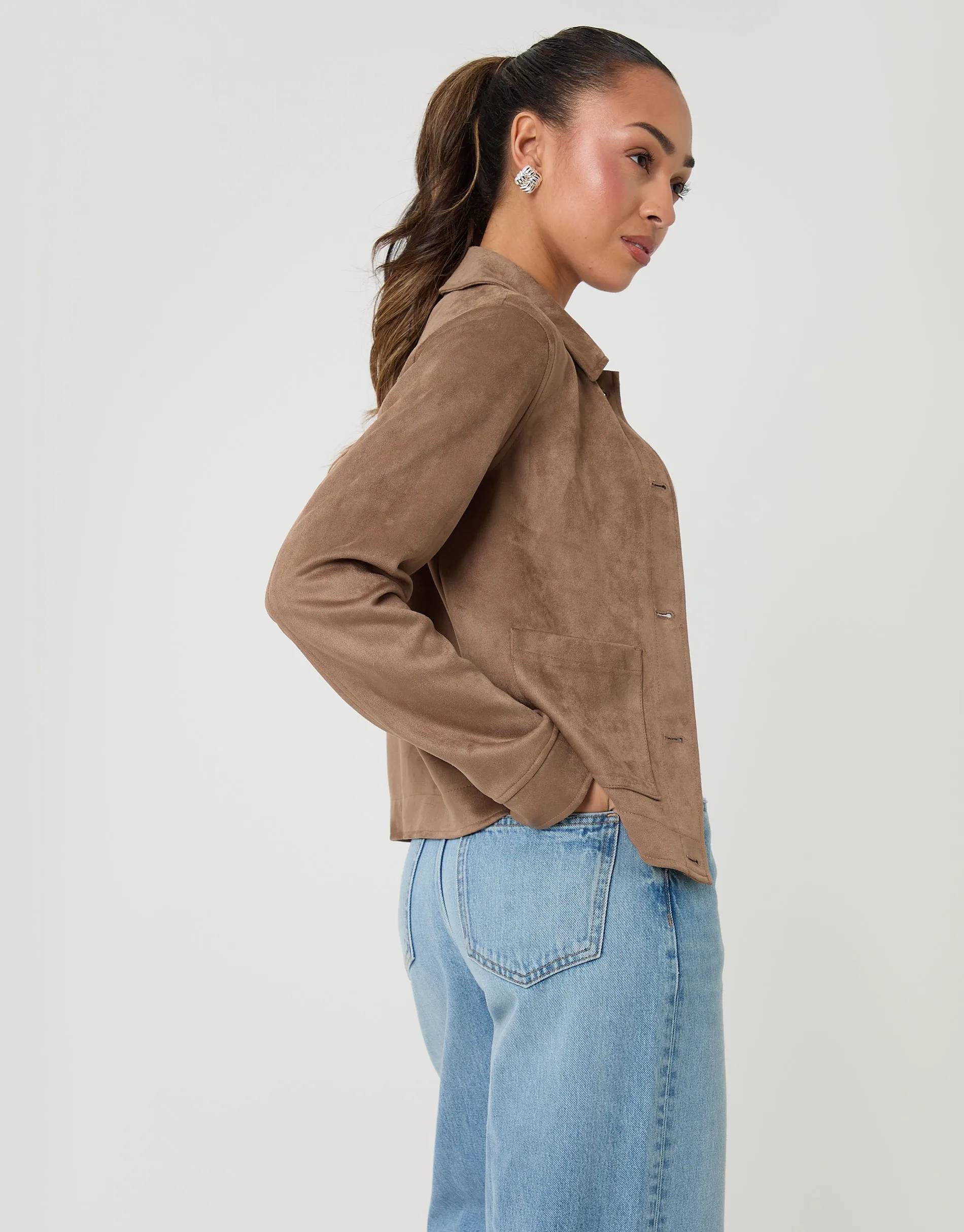 Taupe Cropped Button Up Suedette Shacket sold by Threadbare product image thumbnail 5