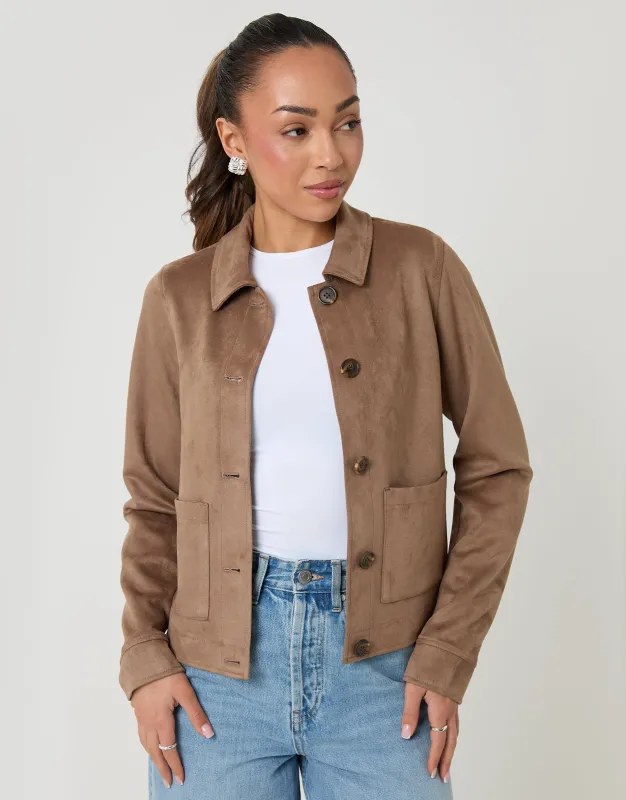 Taupe Cropped Button Up Suedette Shacket sold by Threadbare