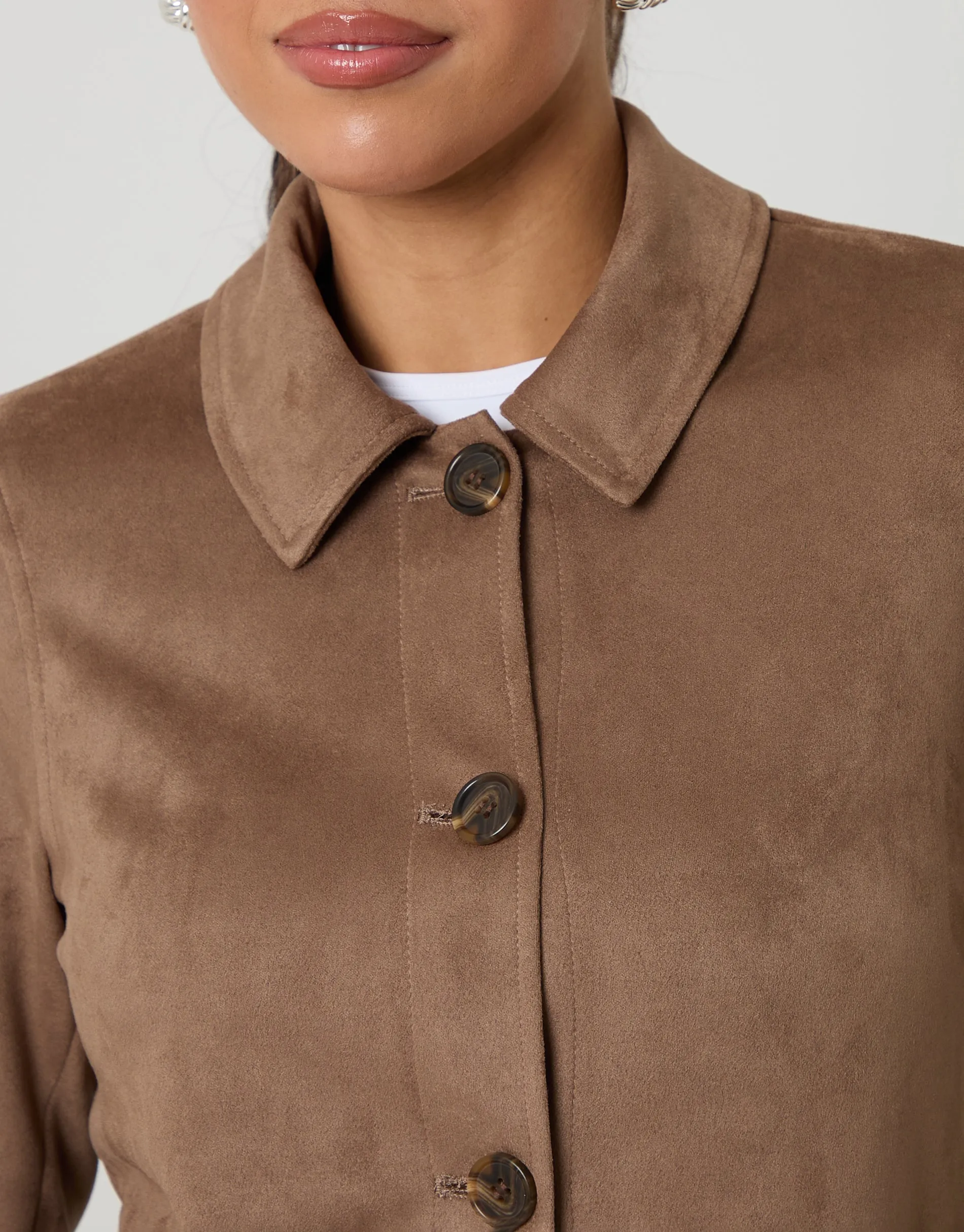 Taupe Cropped Button Up Suedette Shacket sold by Threadbare product image thumbnail 3