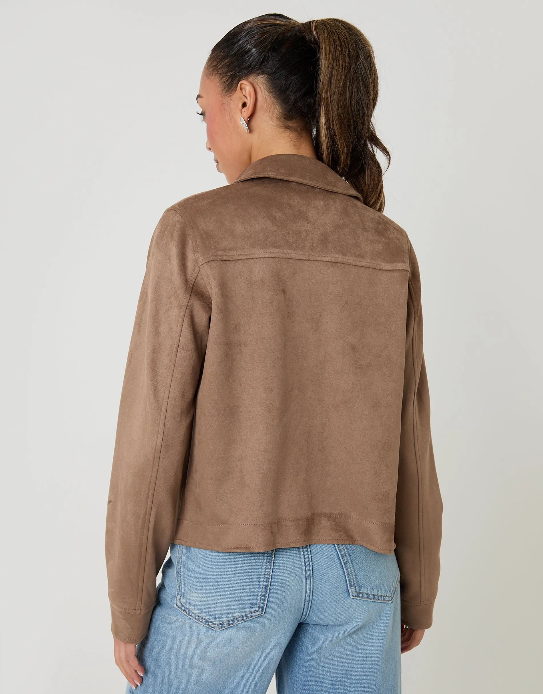 Taupe Cropped Button Up Suedette Shacket sold by Threadbare product image thumbnail 2
