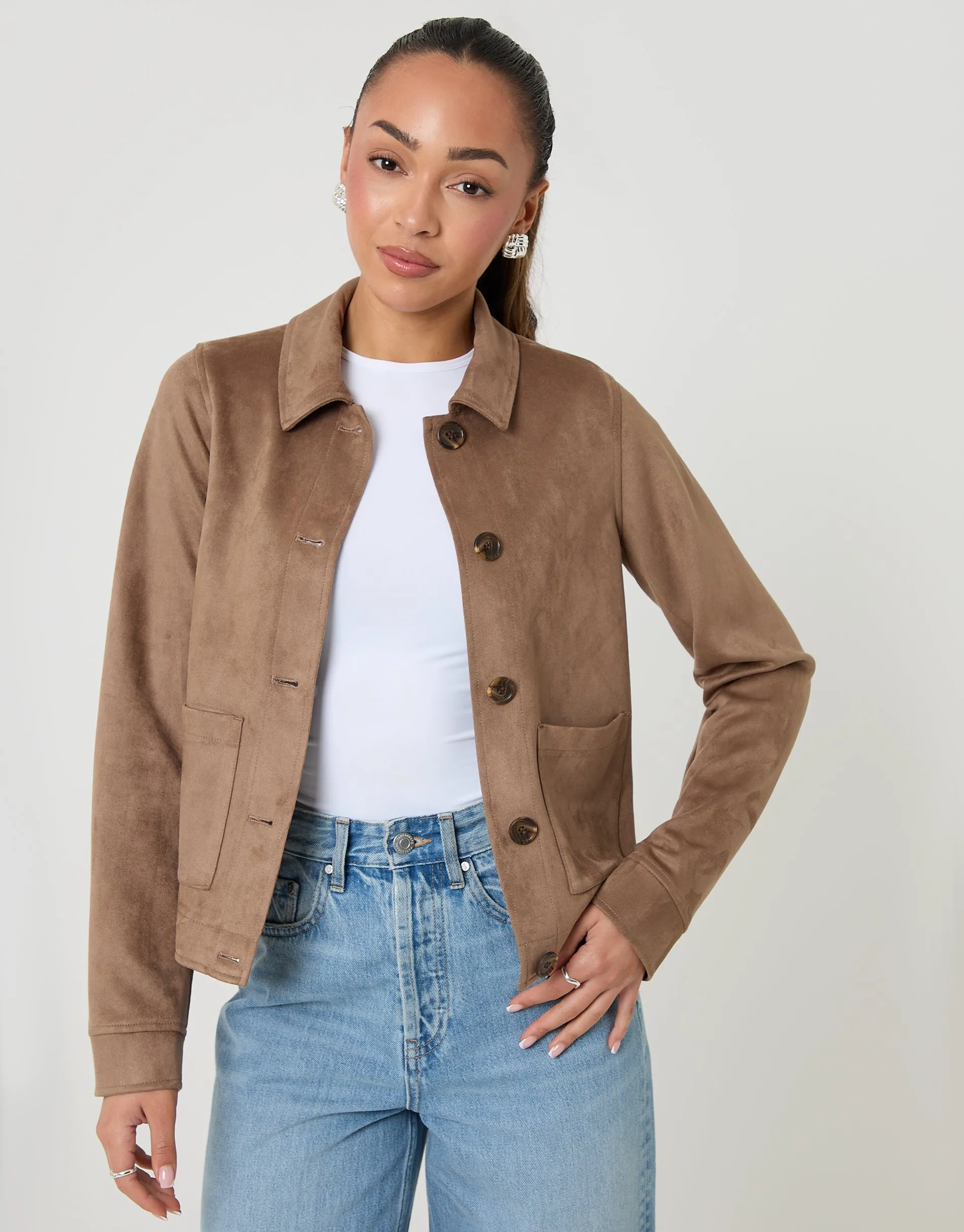 Taupe Cropped Button Up Suedette Shacket sold by Threadbare product image thumbnail 4