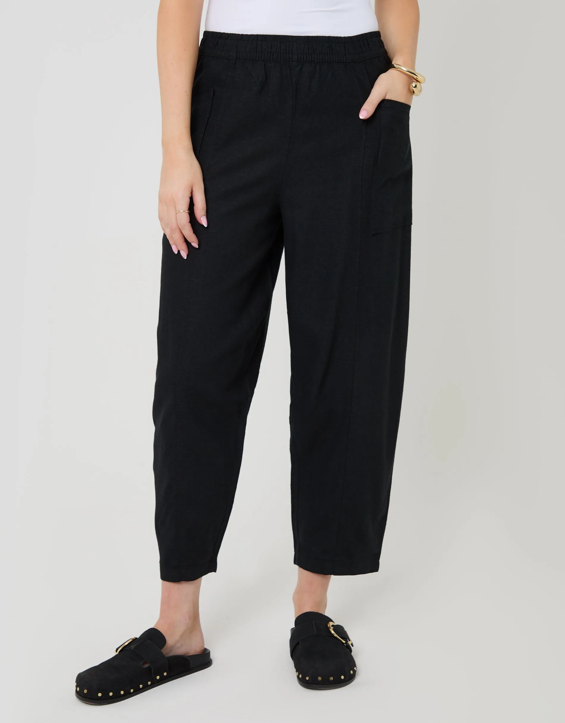 Linen Blend Pocket Detail Barrel Leg Trousers in Black sold by Threadbare product image thumbnail 2