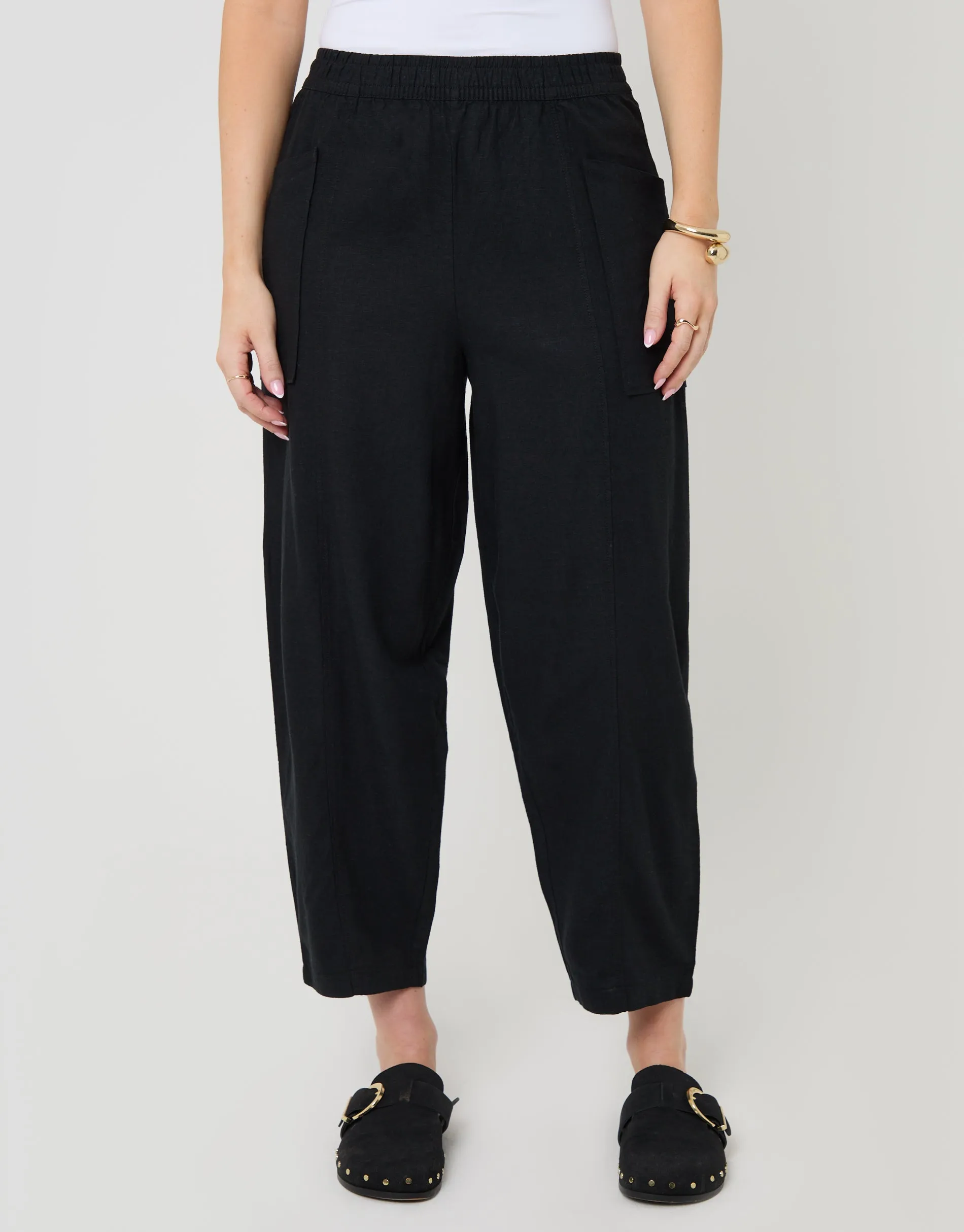 Linen Blend Pocket Detail Barrel Leg Trousers in Black sold by Threadbare product image thumbnail 3