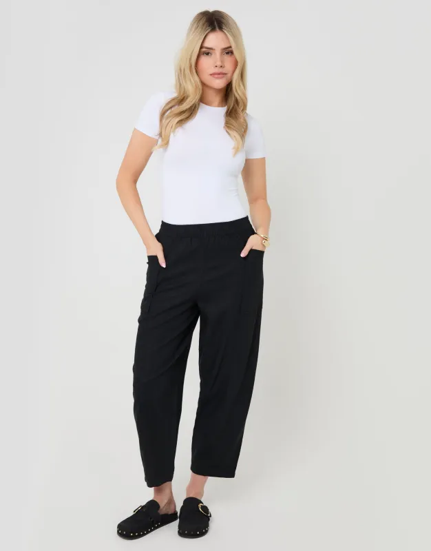 Black Linen Blend Pocket Detail Barrel Leg Trousers made by Threadbare