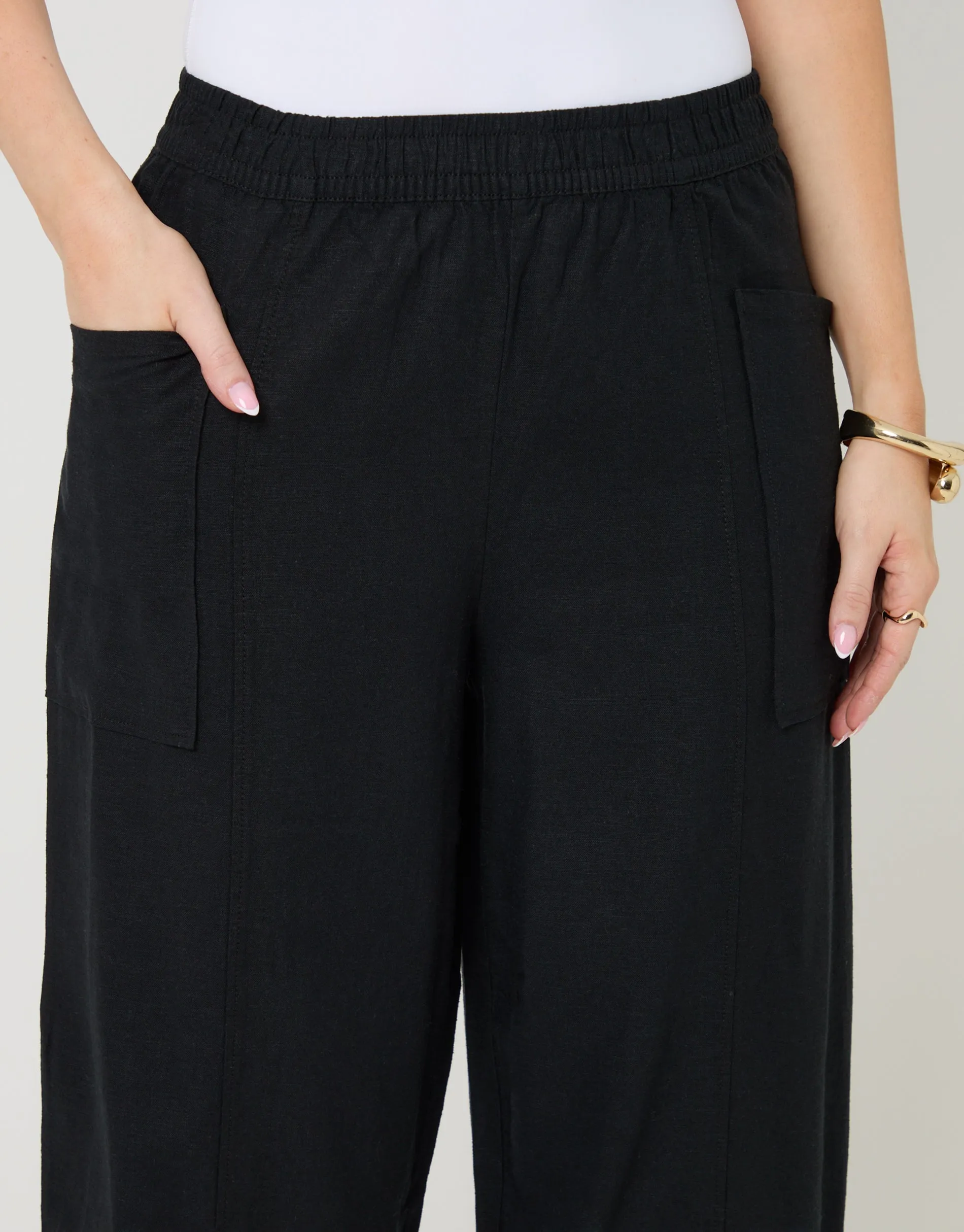 Linen Blend Pocket Detail Barrel Leg Trousers in Black sold by Threadbare product image thumbnail 5